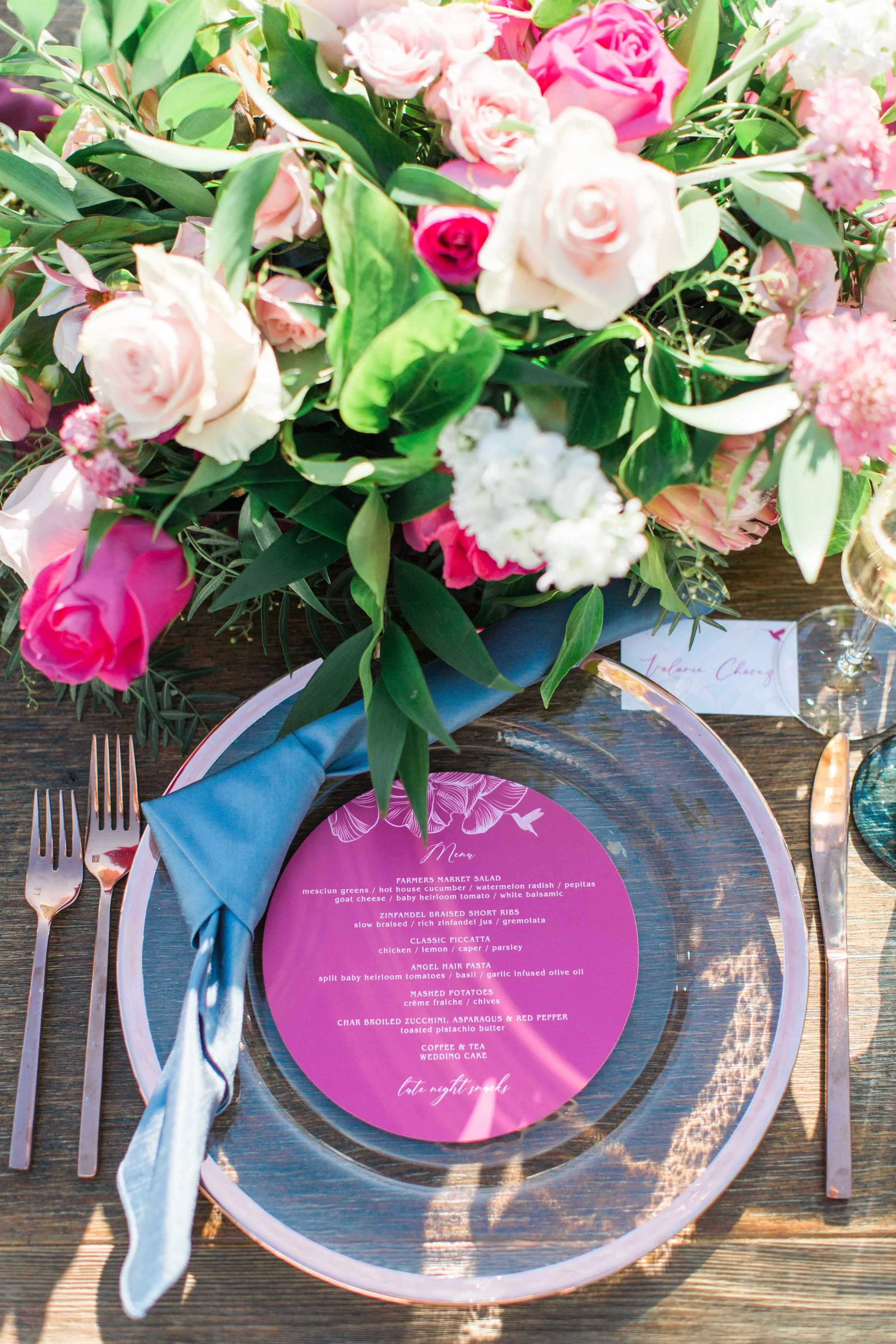 hummingbird nest simi valley california wedding reception plate menu floral tablescape rose gold roses classic