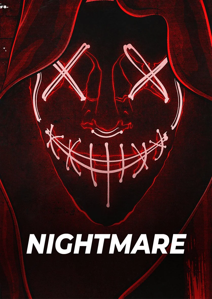 Person wearing a glowing neon mask with X's over the eyes and a stitched smile, with the word "NIGHTMARE" in bold white text at the bottom.