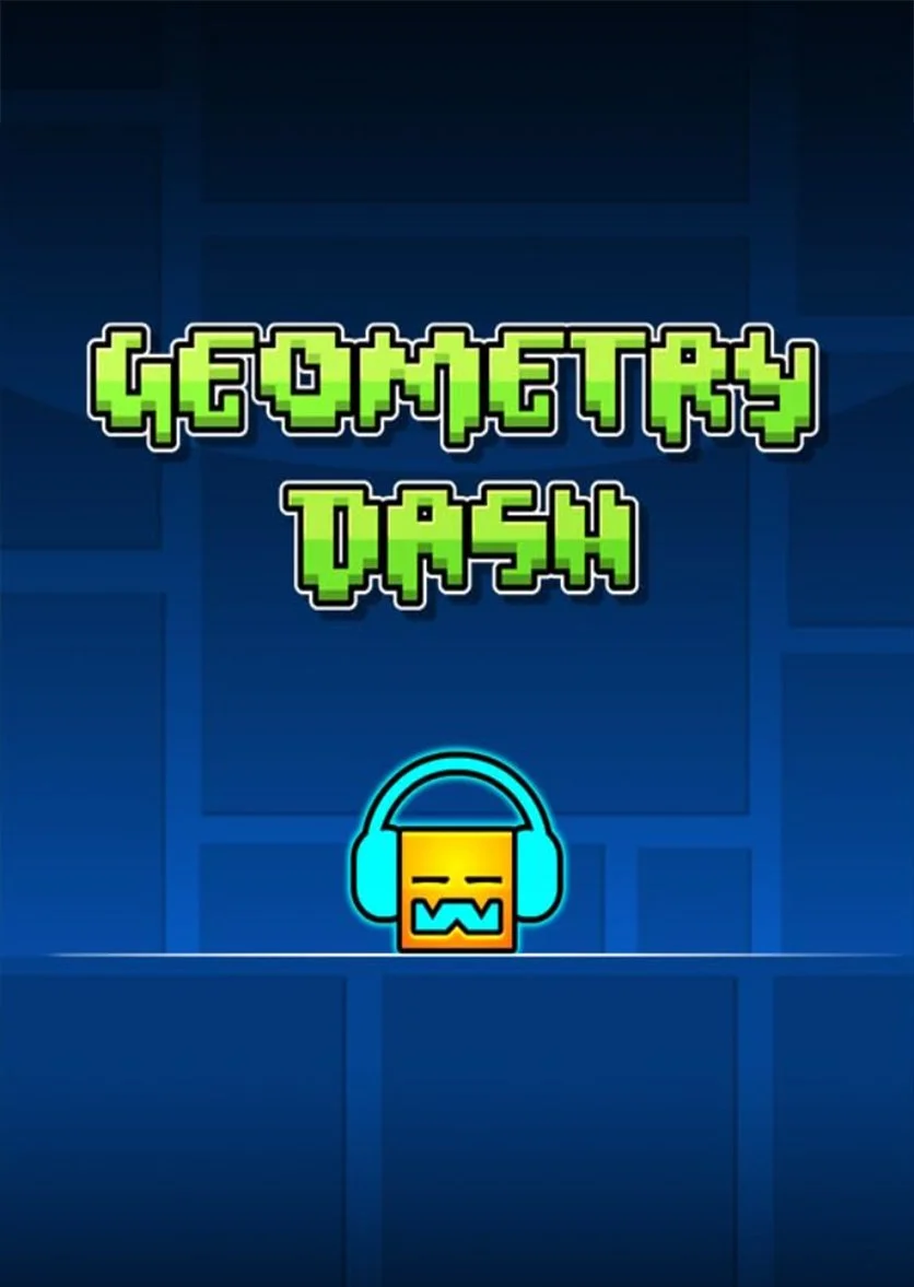 Title screen of a pixelated game called 'Geometry Dash' with a smiling, headphones-wearing cube mascot.
