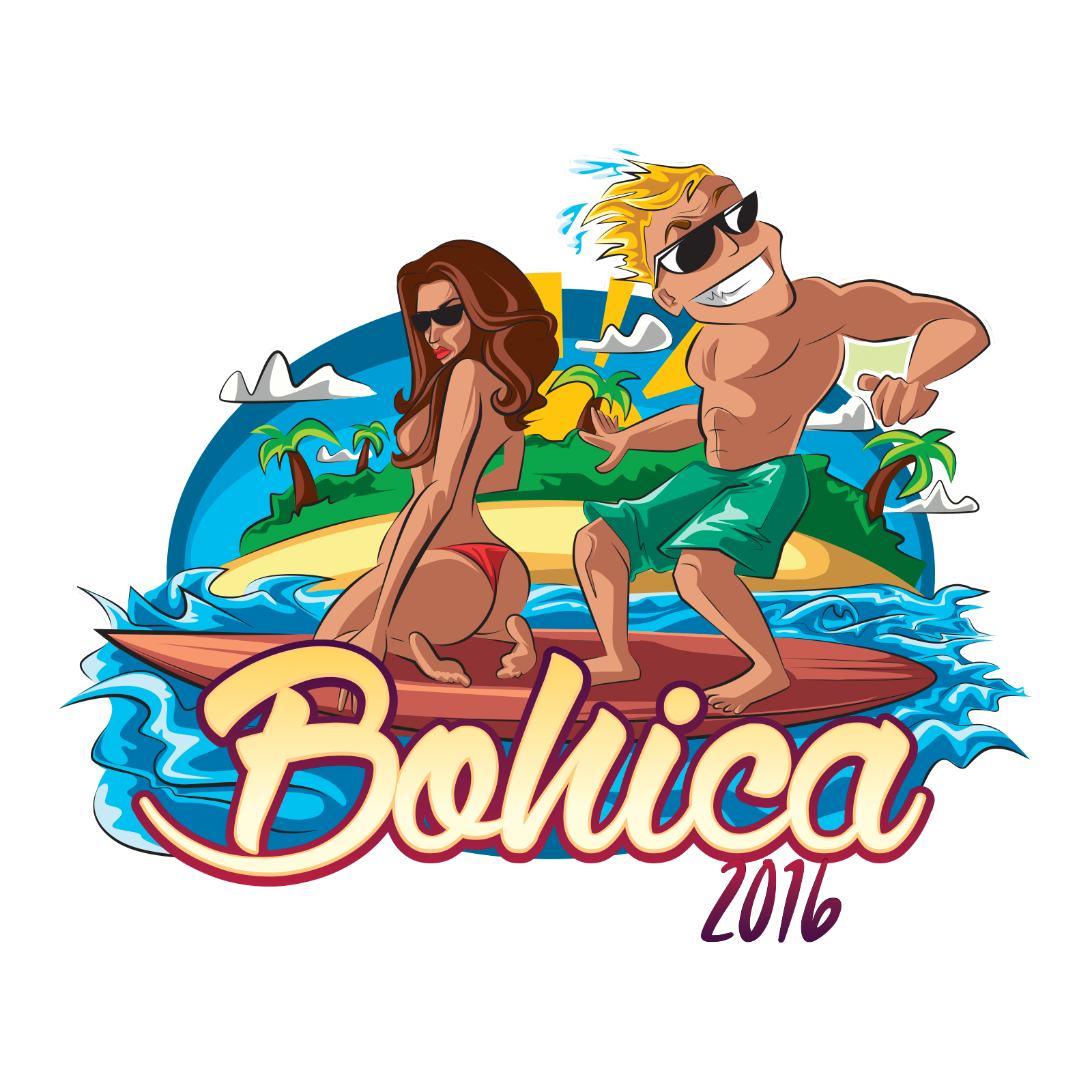 Colorful illustration of a man and woman in swimsuits on a surfboard in the ocean, with a tropical island, palm trees, volcano, clouds, and sun in the background. The text 'Bali' and '2016' is prominently displayed.