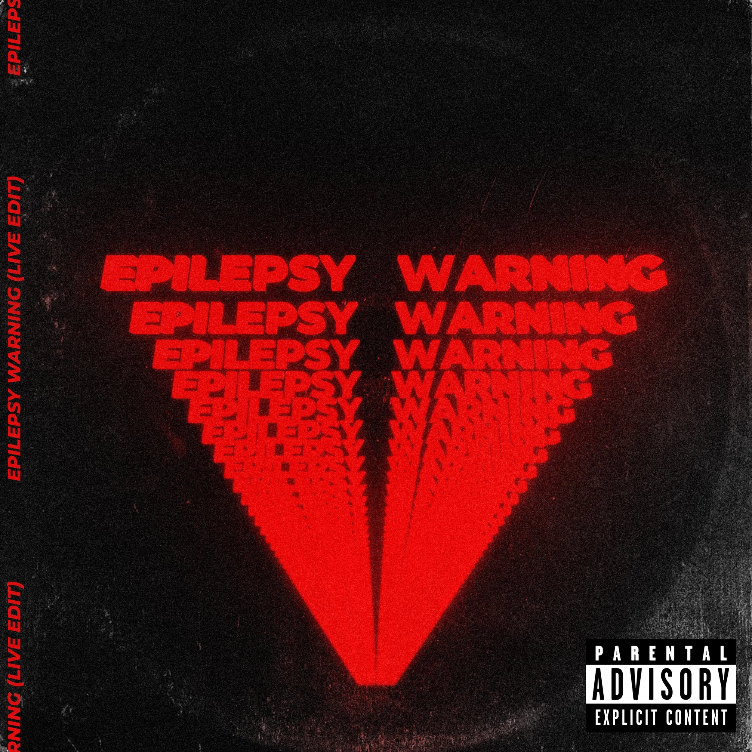 Dark album cover featuring red warning text repeated in a circular pattern and a black and white parental advisory label in the bottom right corner.