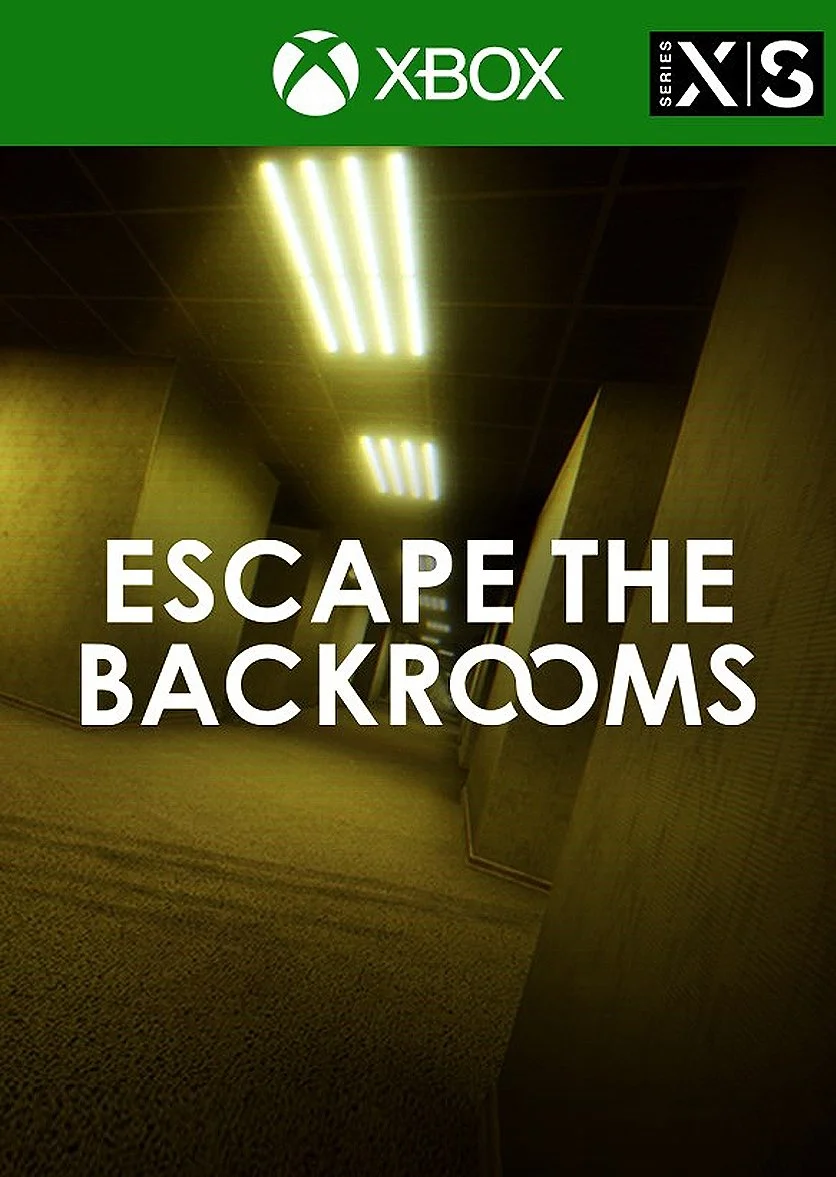 A hallway with fluorescent ceiling lights, beige walls, and carpeted floor, with text overlaid that says 'Escape the Backrooms' and a green banner at the top with an Xbox logo and series X|S branding.