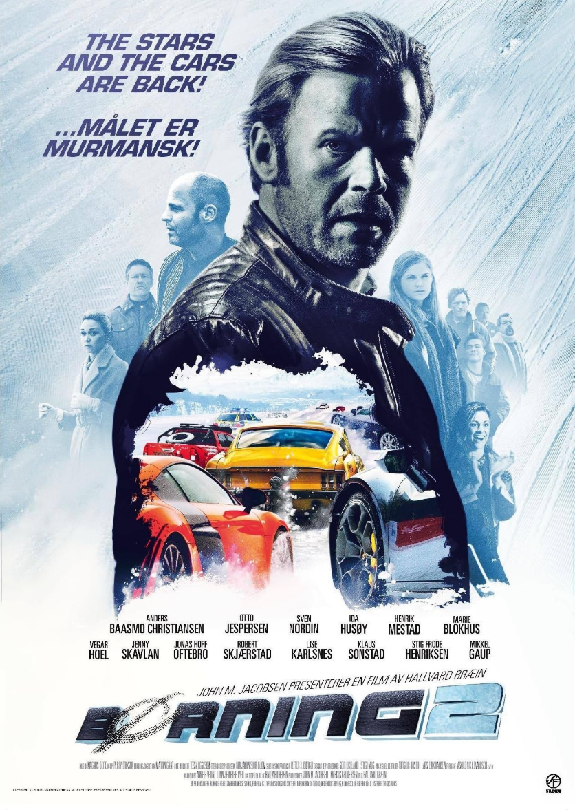 Movie poster for 'Fangas' featuring a man in a leather jacket with a serious expression, surrounded by images of race cars and people, with an icy blue background and text about the stars and racing.