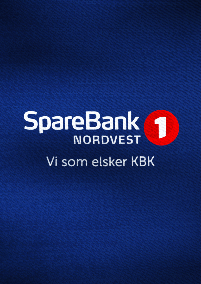 Close-up of a blue fabric material with a SpareBank NordVest logo, which includes a red circle with a white number 1, and text in Norwegian.