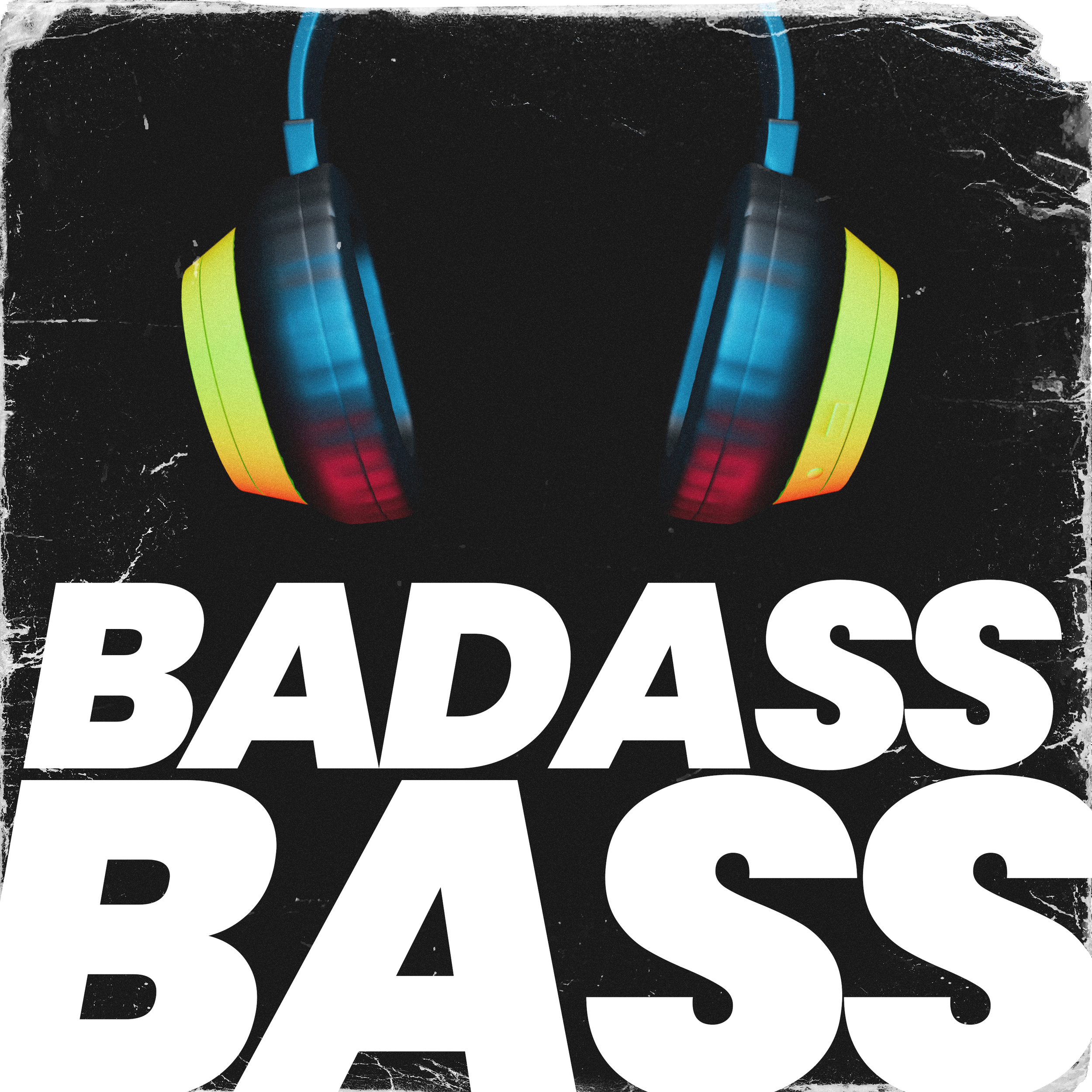 Close-up of a black sticker with distressed edges, featuring a pair of neon blue headphones and the word 'BADASS' in bold black and white letters.