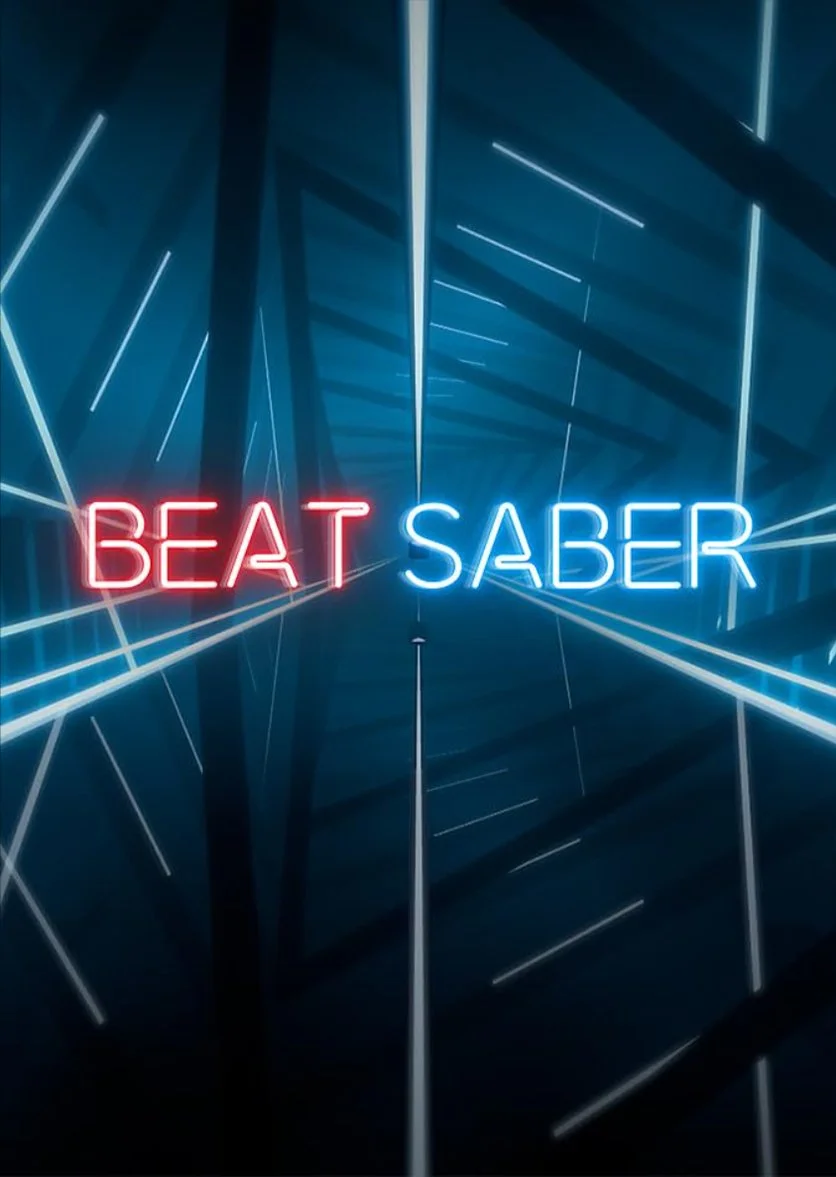 Neon sign displaying the words 'BEAT SABER' in red and blue, with a dark background and light reflections