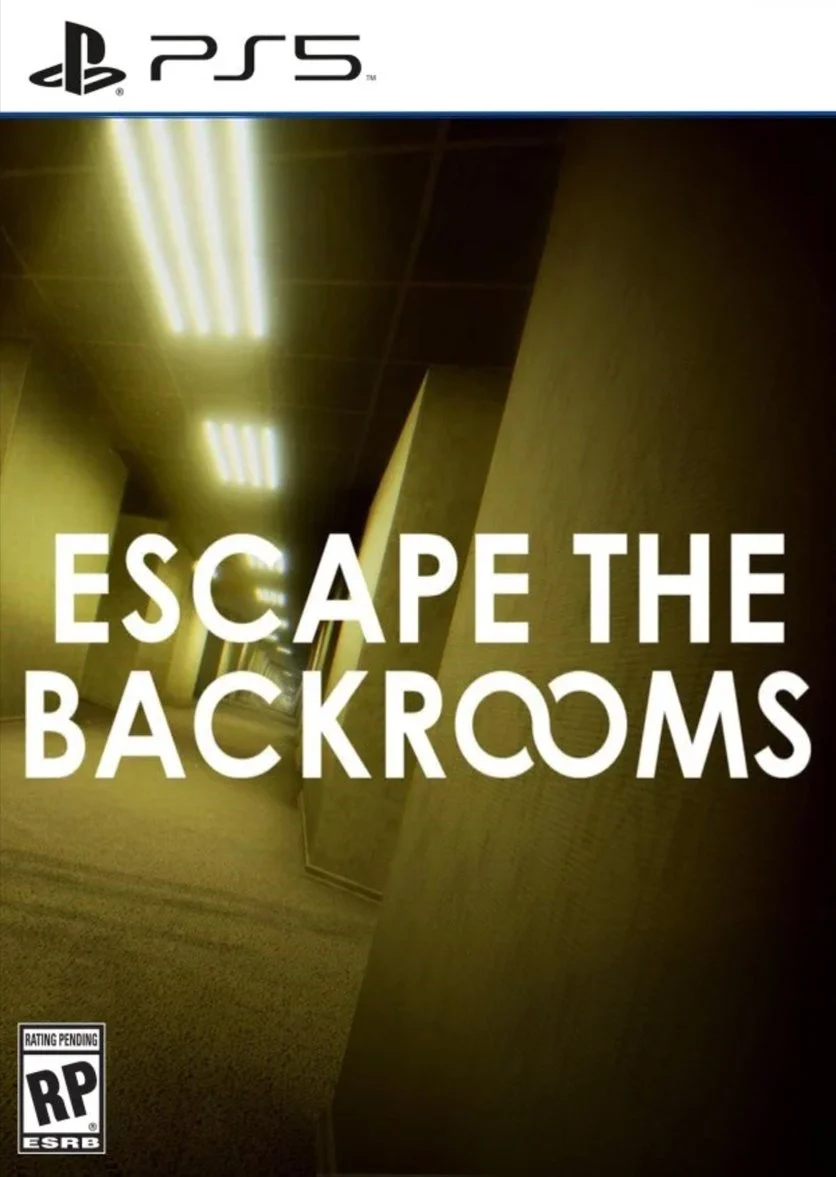 Video game cover for PS5 titled "Escape the Backrooms" showing a dimly lit, narrow corridor with yellowish walls and ceiling lights