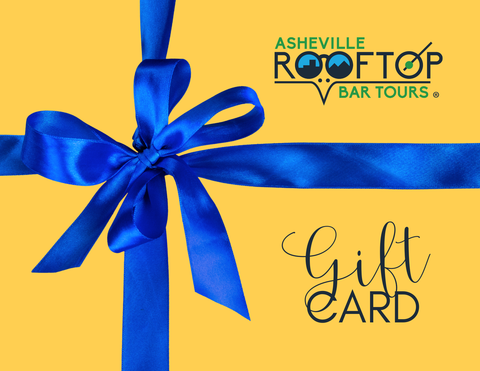 Asheville Rooftop Bar Tours Gift Card - Yellow box with Blue Ribbon
