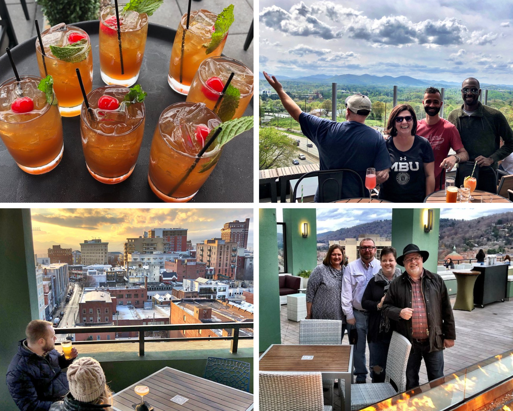 4 photo collage of a tray of drinks, a group of four people looking over a mountain view, a group of four people by a fire pit, and a photo of a couple sipping drinks overlooking the city