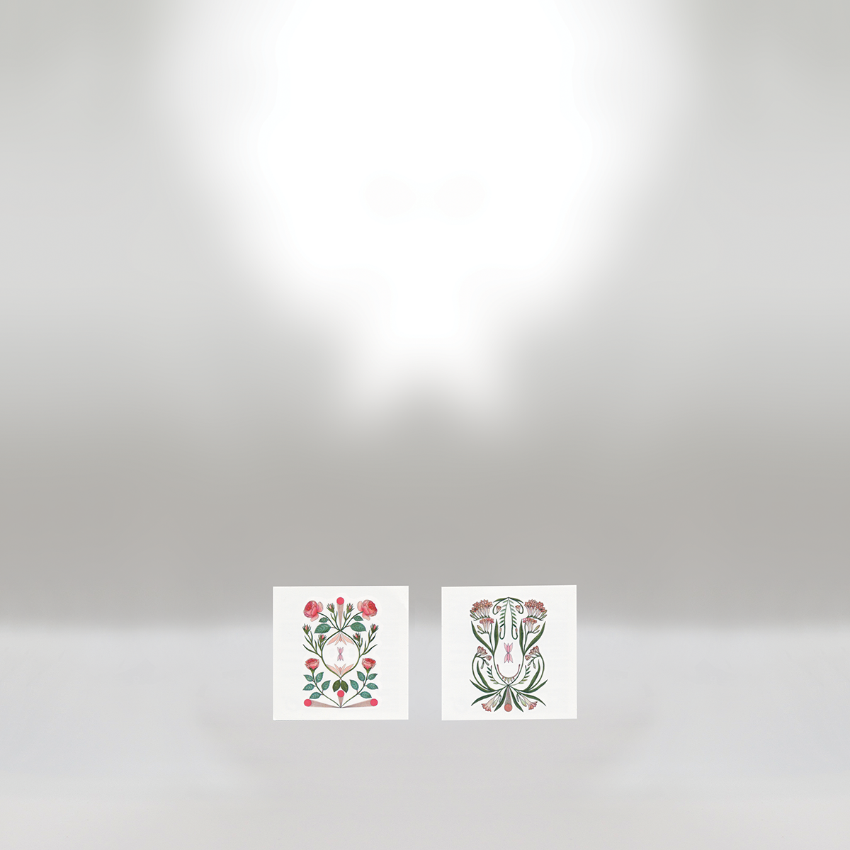 Two botanical illustrations with symmetrical floral and leaf patterns, one on the left with Red and pink flowers and on the right with various plants.