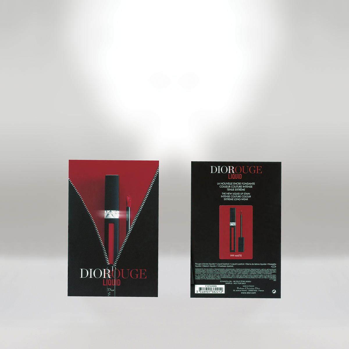 Two Dior makeup product packages, one with a zipper design and the other with a lipstick image, labeled Dior Rouge Liquid, on a plain white background.