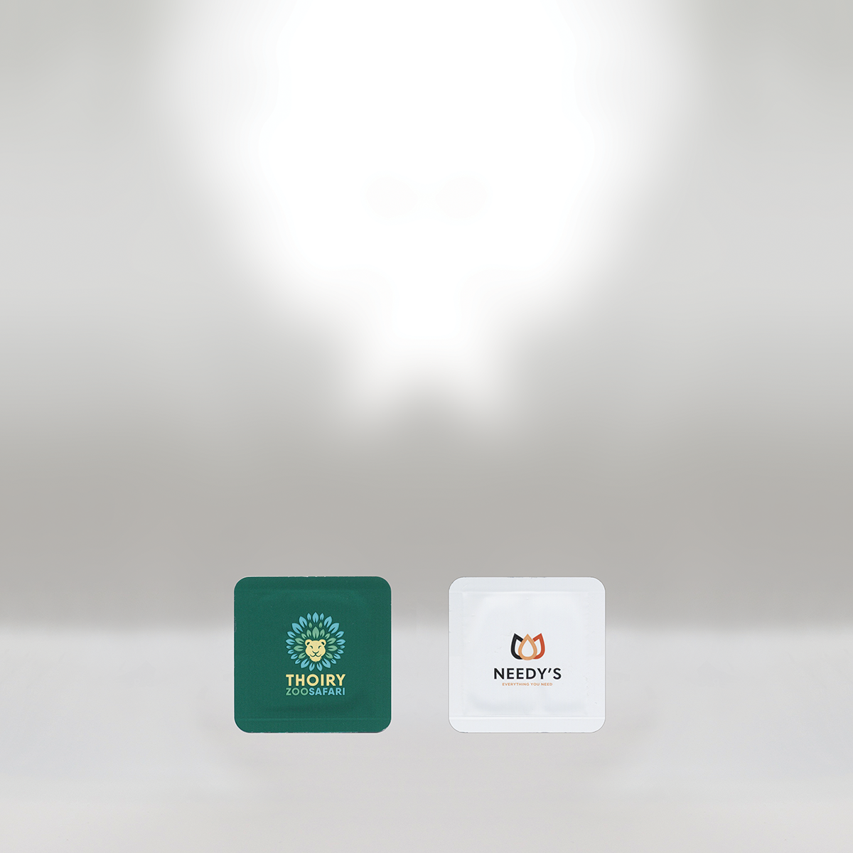 Two square stickers on a plain light background, one with the logo and name for 'Thoiry Zoosafari' featuring a lion's face surrounded by peacock feathers, the other with the logo and name for 'Needy's' featuring a stylized flower or leaf design.