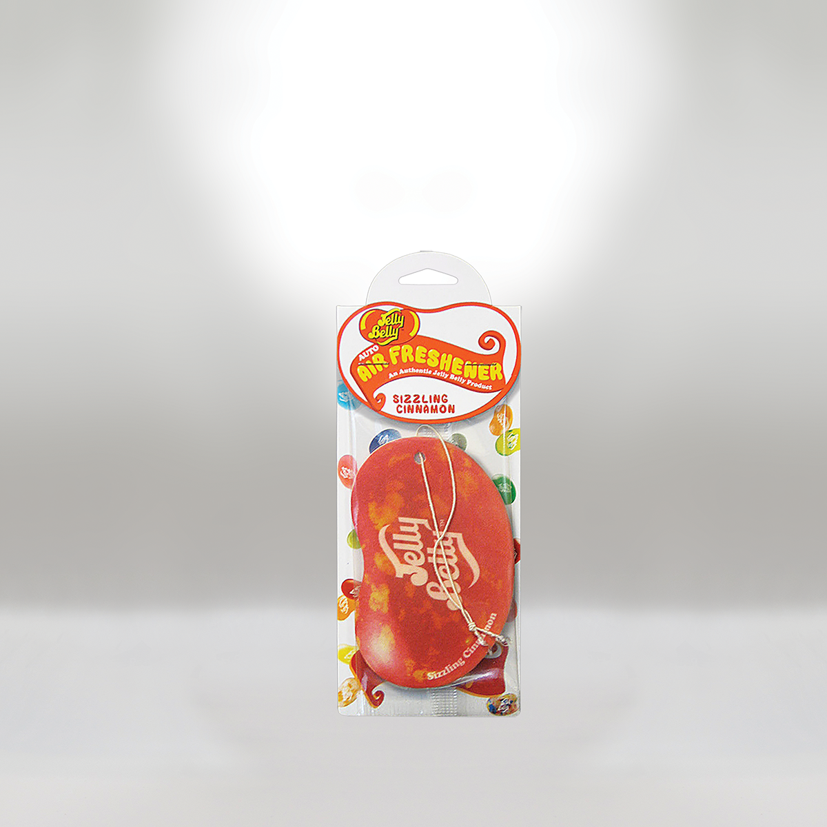 Single Air Freshener in red cinnamon scent with Jelly Belly branding, attached to a paperclip, in clear plastic packaging with colorful Jelly Belly logo pattern in the background.