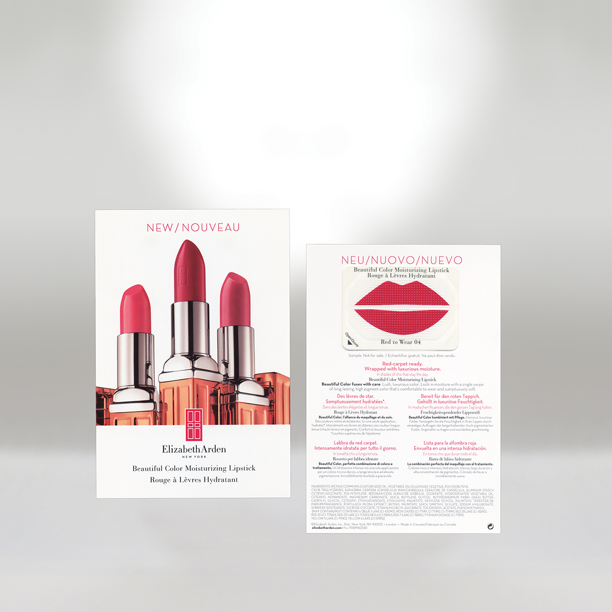 Two Elizabeth Arden cosmetic product advertisements featuring lipsticks and a moisturizing lipstick sample. The left ad displays three pink lipsticks, and the right ad shows a red lipstick shaped like lips with descriptive text.