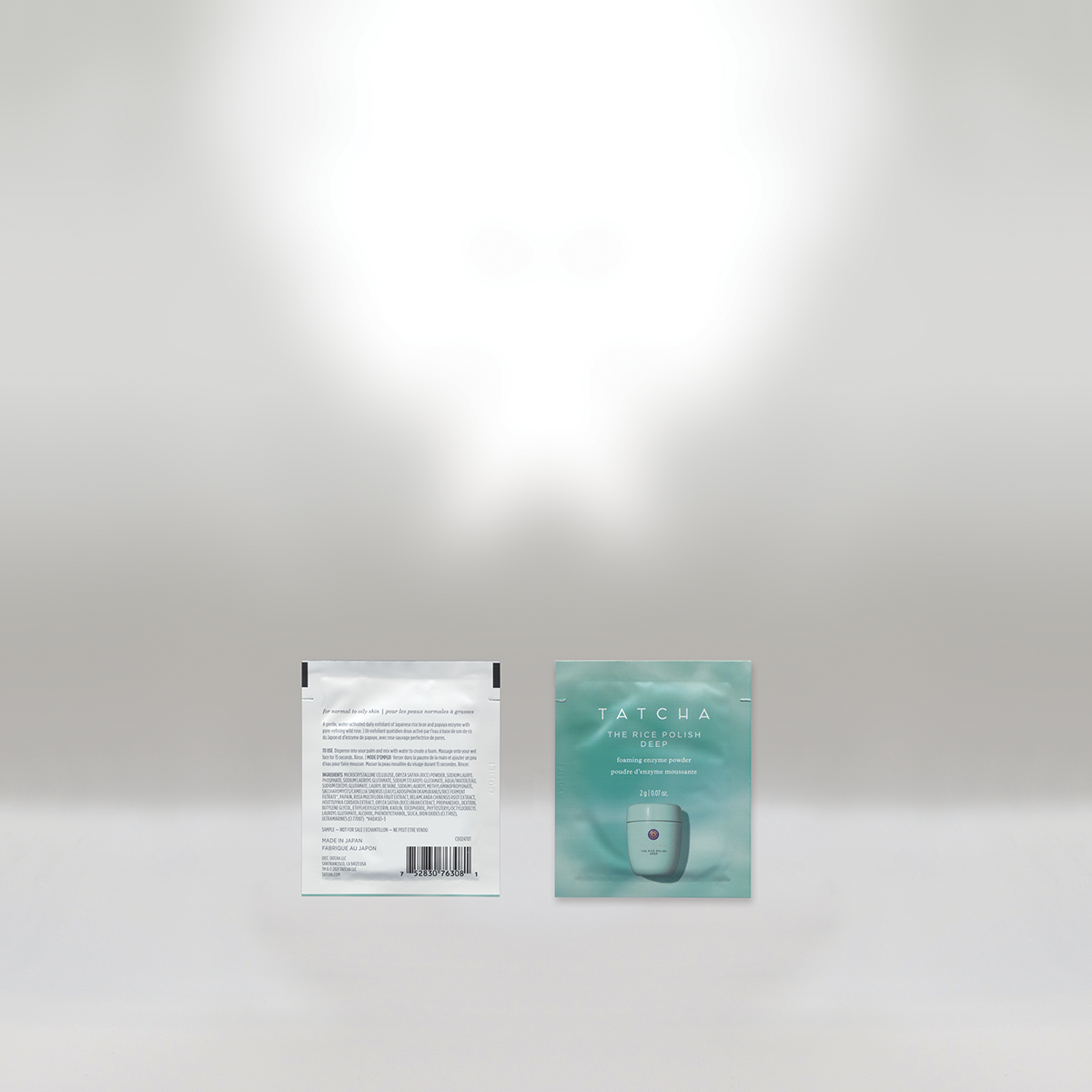 Packaging and an informational card for Tatcha The Rice Polish Deep exfoliating enzyme powder