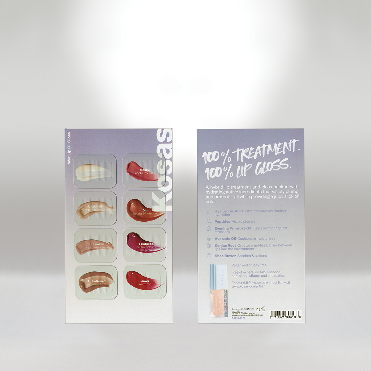 Back of a lip gloss sample display with nine shades and promotional text highlighting natural ingredients and benefits.
