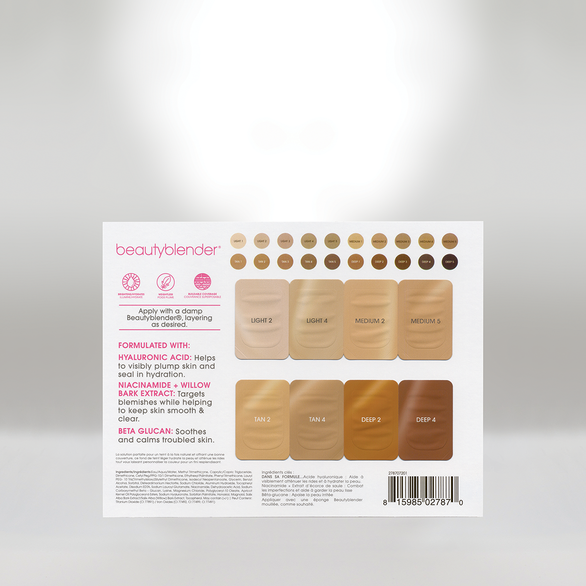 Beautyblender makeup sponge color chart and product info sheet showing shades for light, tan, medium, and deep skin tones.