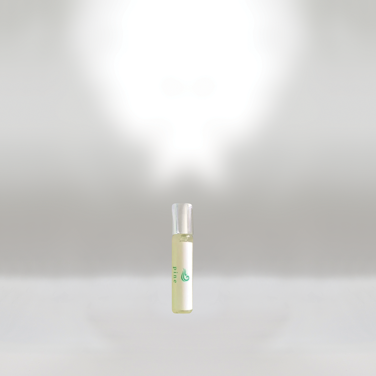 Small vial of green liquid with a white label and clear cap, emitting a bright white vapor or smoke.
