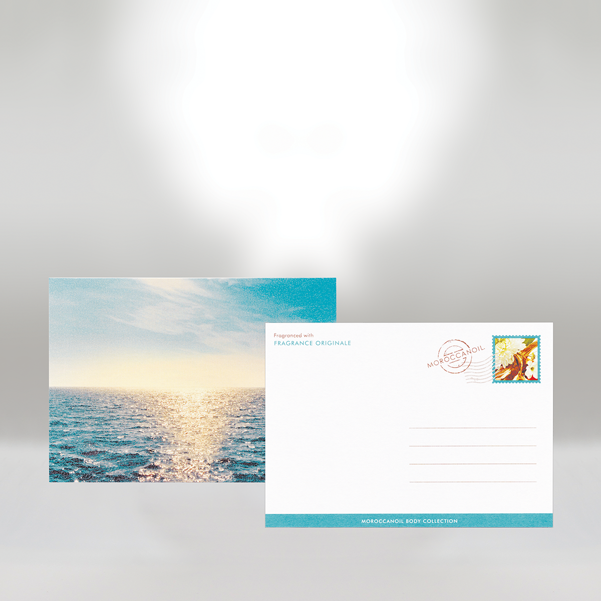 Postcard with an ocean scene at sunset on the left and a blank back with a Moroccan oil stamp on the right.