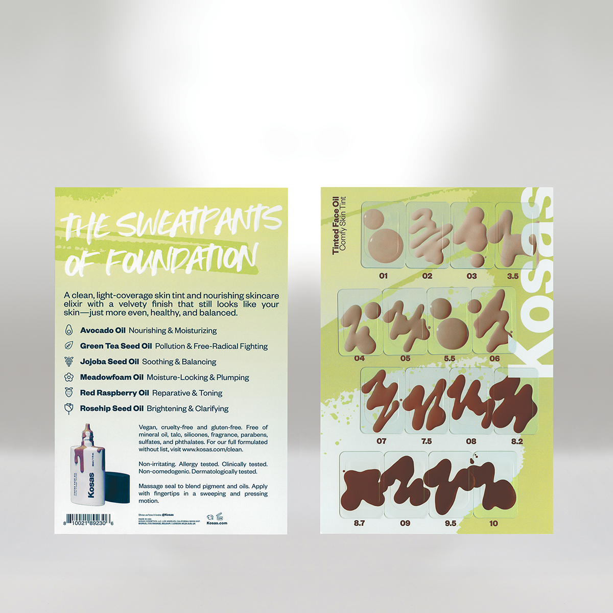 A skincare product package featuring a swatch guide and description of foundation shades and ingredients, including avocado oil, green tea seed oil, jojoba seed oil, meadowfoam oil, red raspberry oil, and rosehip seed oil.