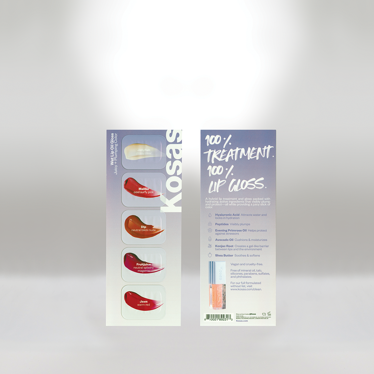 A flyer for a lip gloss treatment called 'Kosas Lip Gloss' featuring five lip gloss shade samples and information about the product benefits and ingredients.