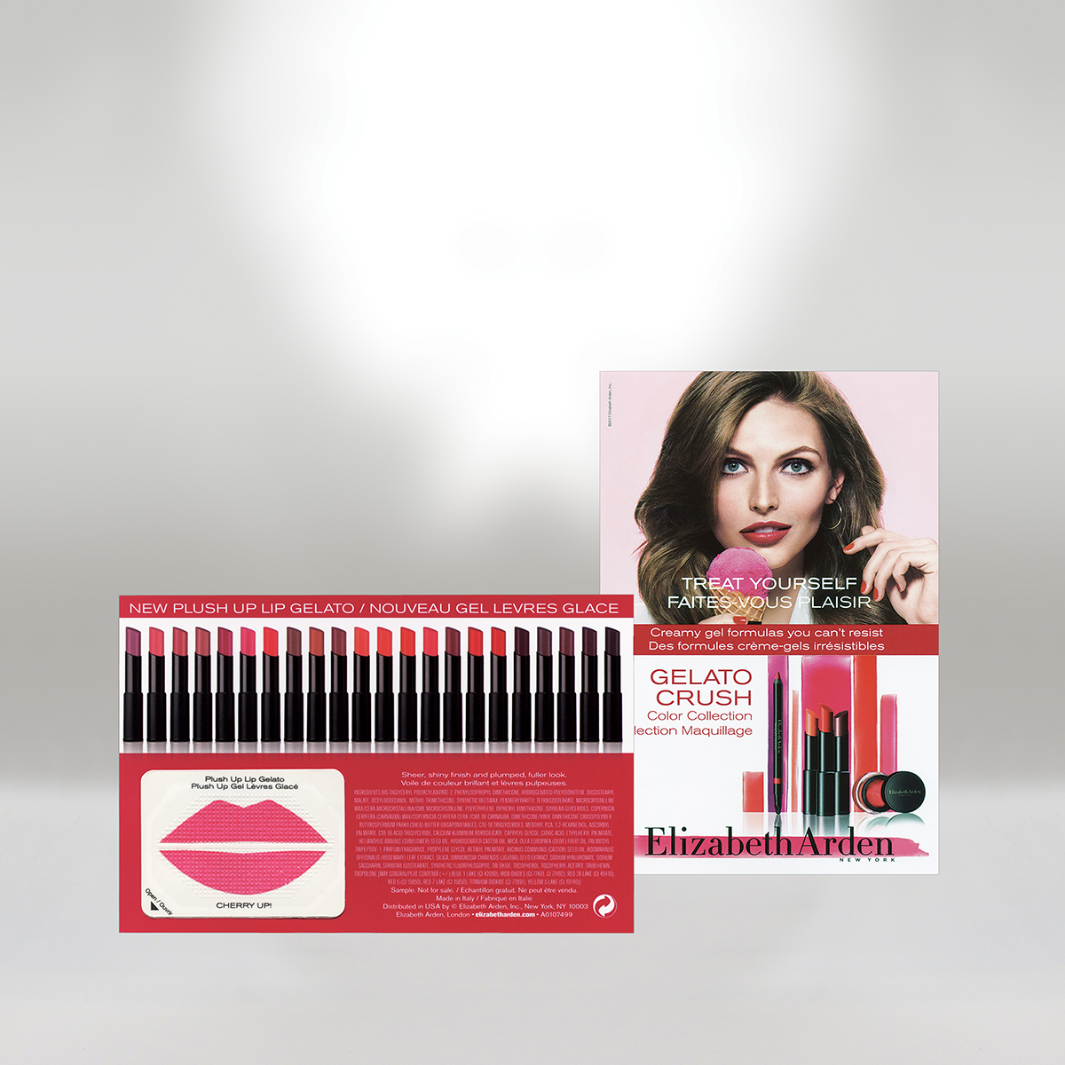 Elizabeth Arden Gelato Crush lipstick color collection display with a woman holding a pink lipstick