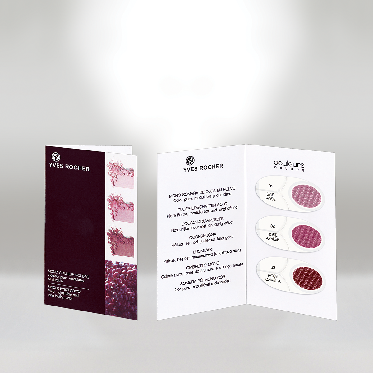 Yves Rocher eyeshadow sample booklet showing three shades: Rose, Rose Azalee, and Rose Camelia, with descriptions in multiple languages.