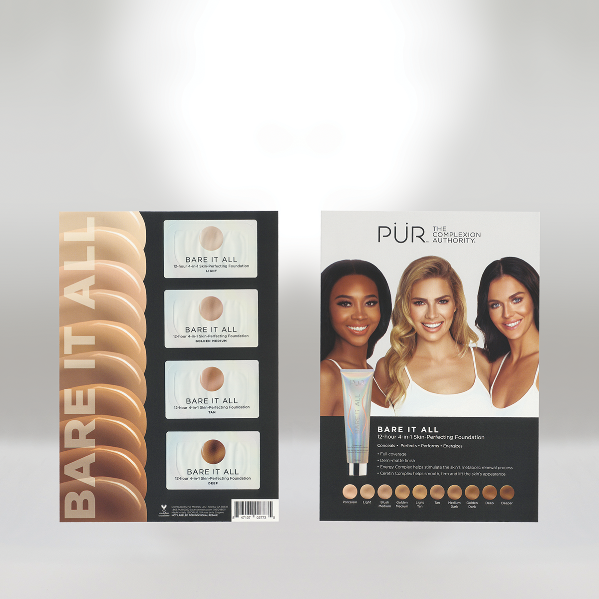 Color palette of four shades of foundation from Bare It All line next to a brochure featuring three women with different skin tones, promoting PÜR's 12-hour skin-perfecting foundation.
