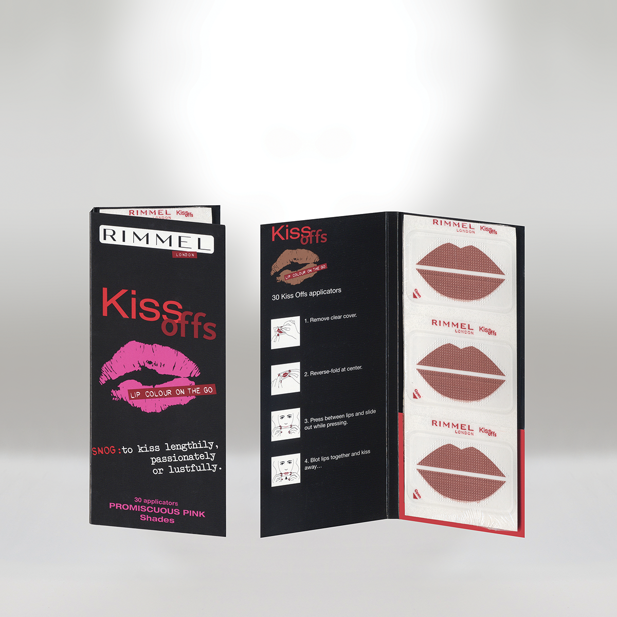 Kiss Off lip color applicator kit with instructions and three strips of pink lip shade.