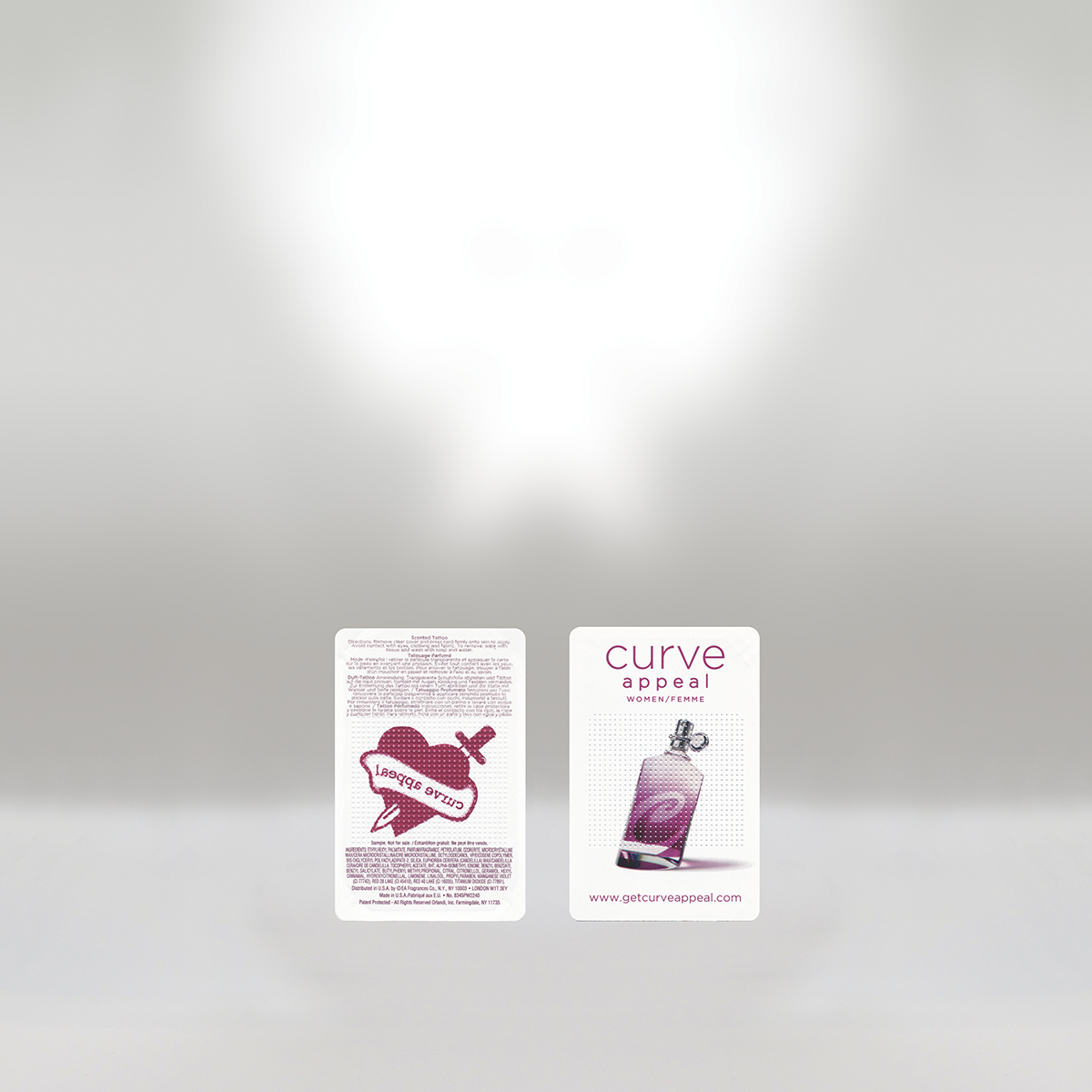 Two promotional cards for Curve Appeal, a woman-related product or service, with one showing a pink object and the other featuring a fitness-related icon.
