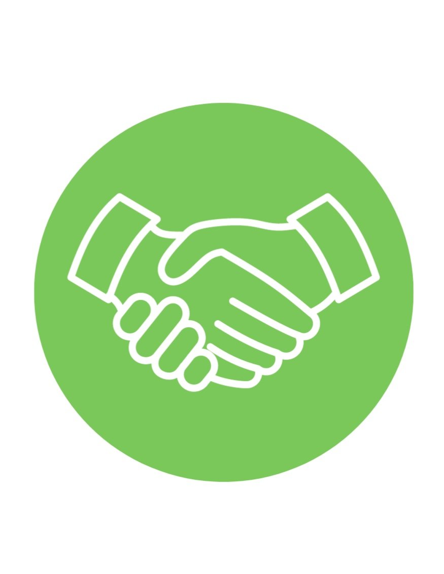 Illustration of a handshake icon on a green circle background, symbolizing agreement or partnership.