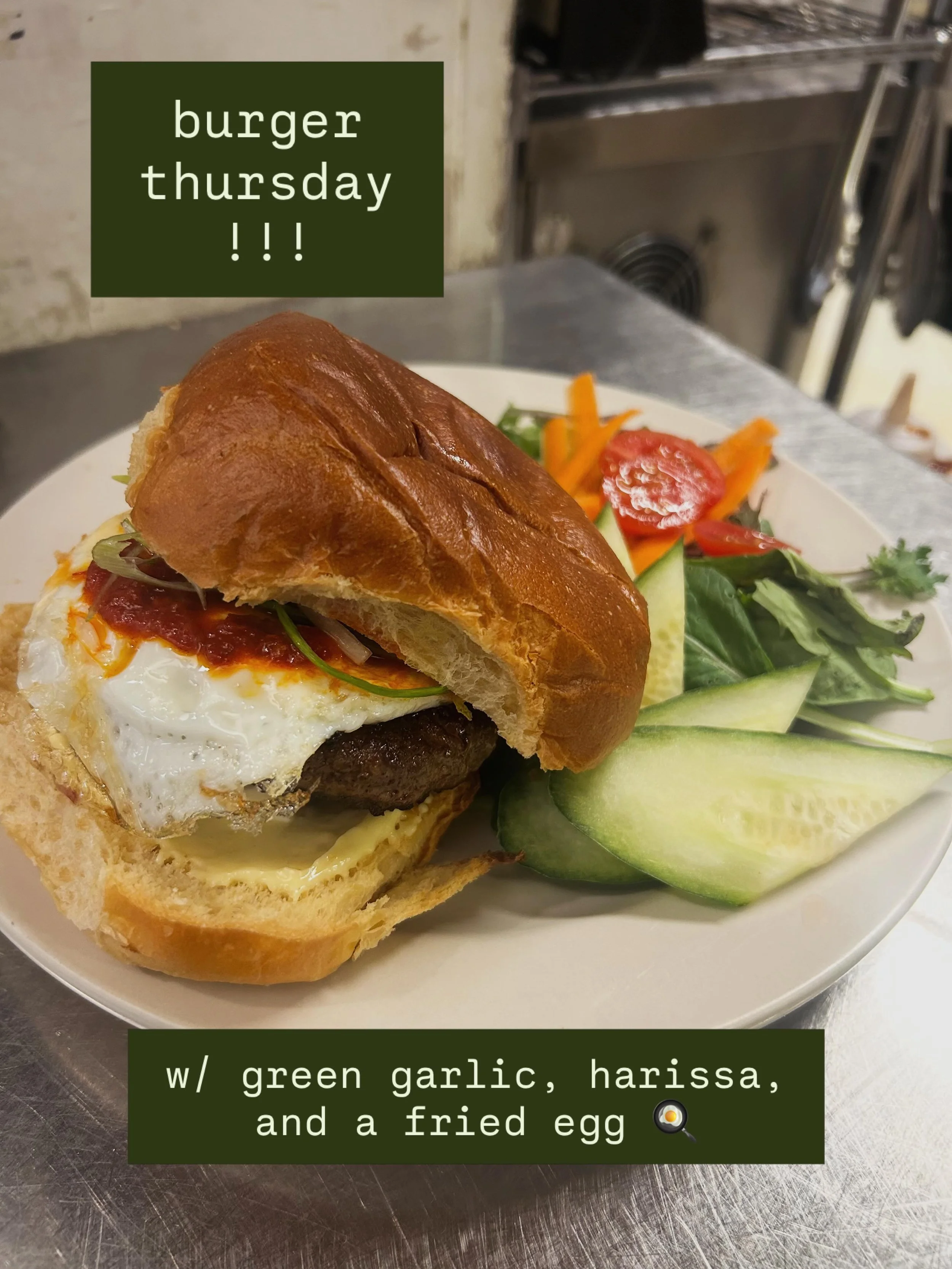 It&rsquo;s Burger Thursday! With your choice &ndash; a 1/3 lb beef patty (@schraderfarms of course) or housemade black bean burger. 

This week it&rsquo;s topped with the first of the local green garlic from @plowbreakfarm, a bit of spicy &amp; aroma