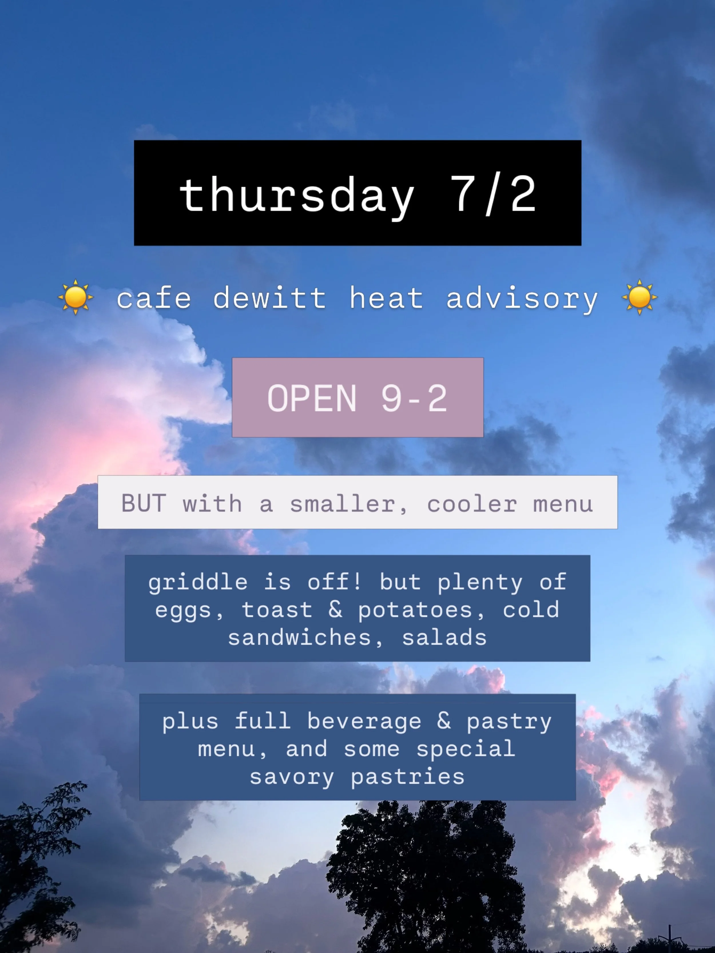 We are OPEN normal hours Thursday 7/2 but with a few changes 🥵 We&rsquo;re turning off the griddle to keep things cooler for our kitchen crew&hellip; (Sorry to all burger heads, but this means Burger Thursday is canceled. Take it up with the heatwav