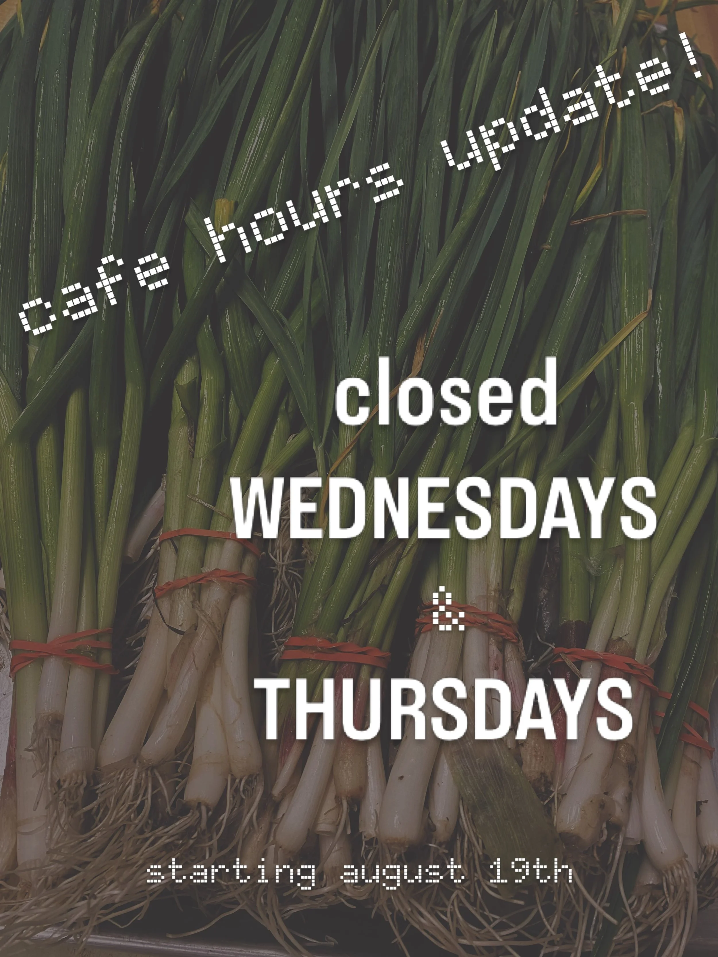An update on our hours of operation! As the summer begins to wind down, we&rsquo;ve made the decision to close the cafe on Wednesdays and Thursdays, starting August 19th. We&rsquo;ll still be open 9am-2pm on all other days.

This change will allow us