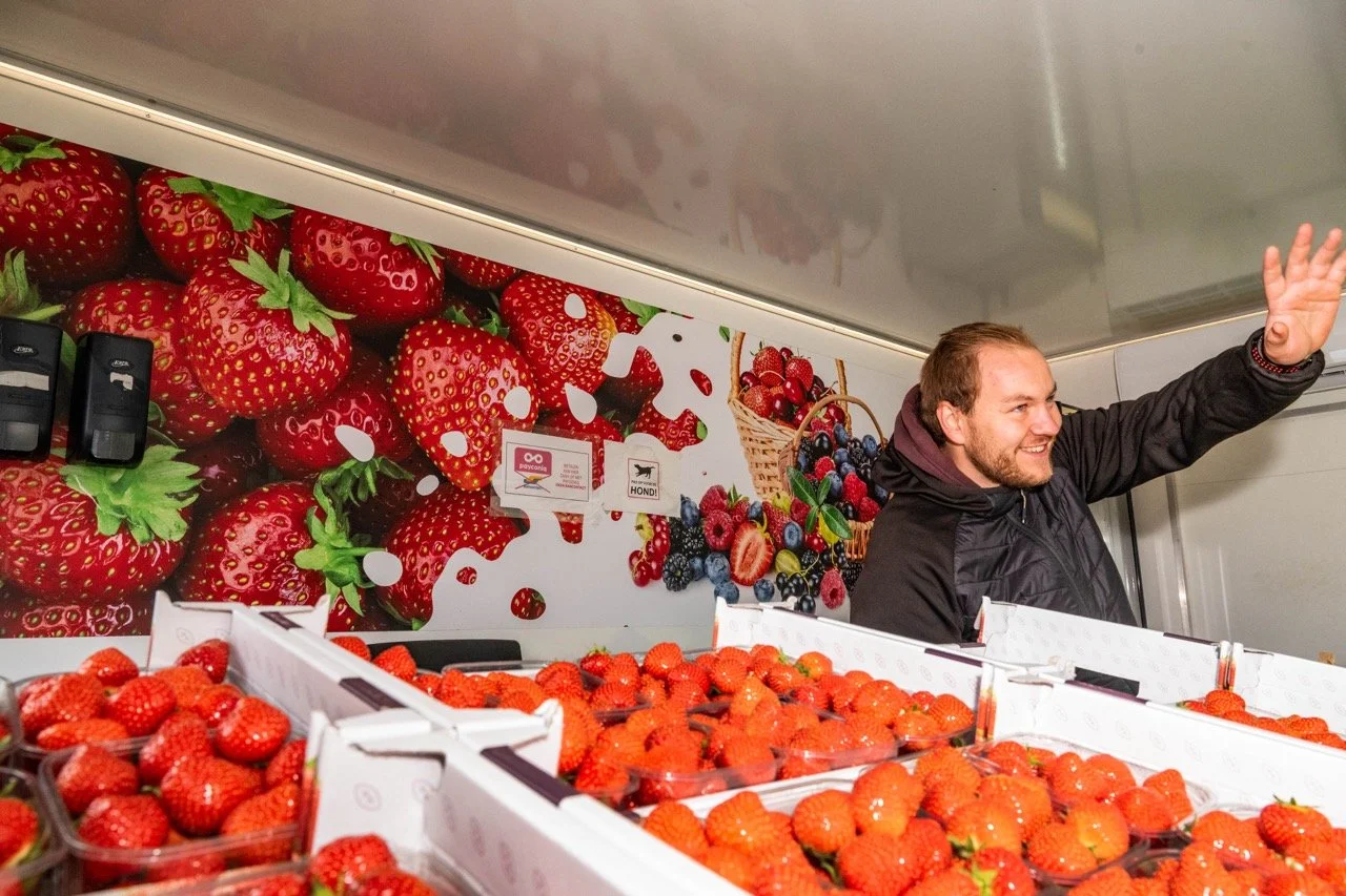 Aardbeikraampjes langs de steenwegen.