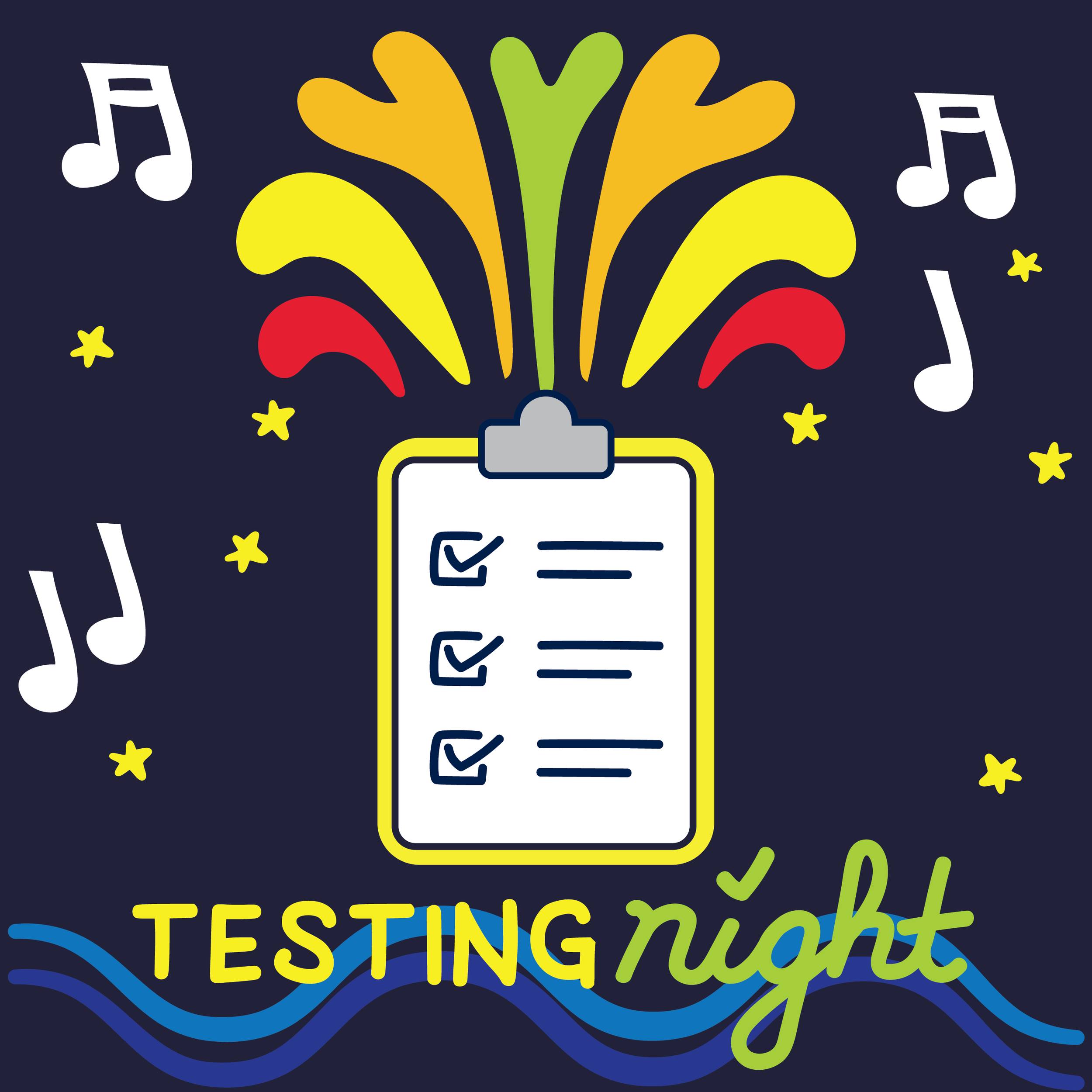 A colorful illustration with a clipboard showing checkmarks, musical notes, stars, and decorative shapes captures the lively spirit of the Grand Haven Musical Fountain. The words “TESTING night” appear at the bottom with wavy blue lines underneath.