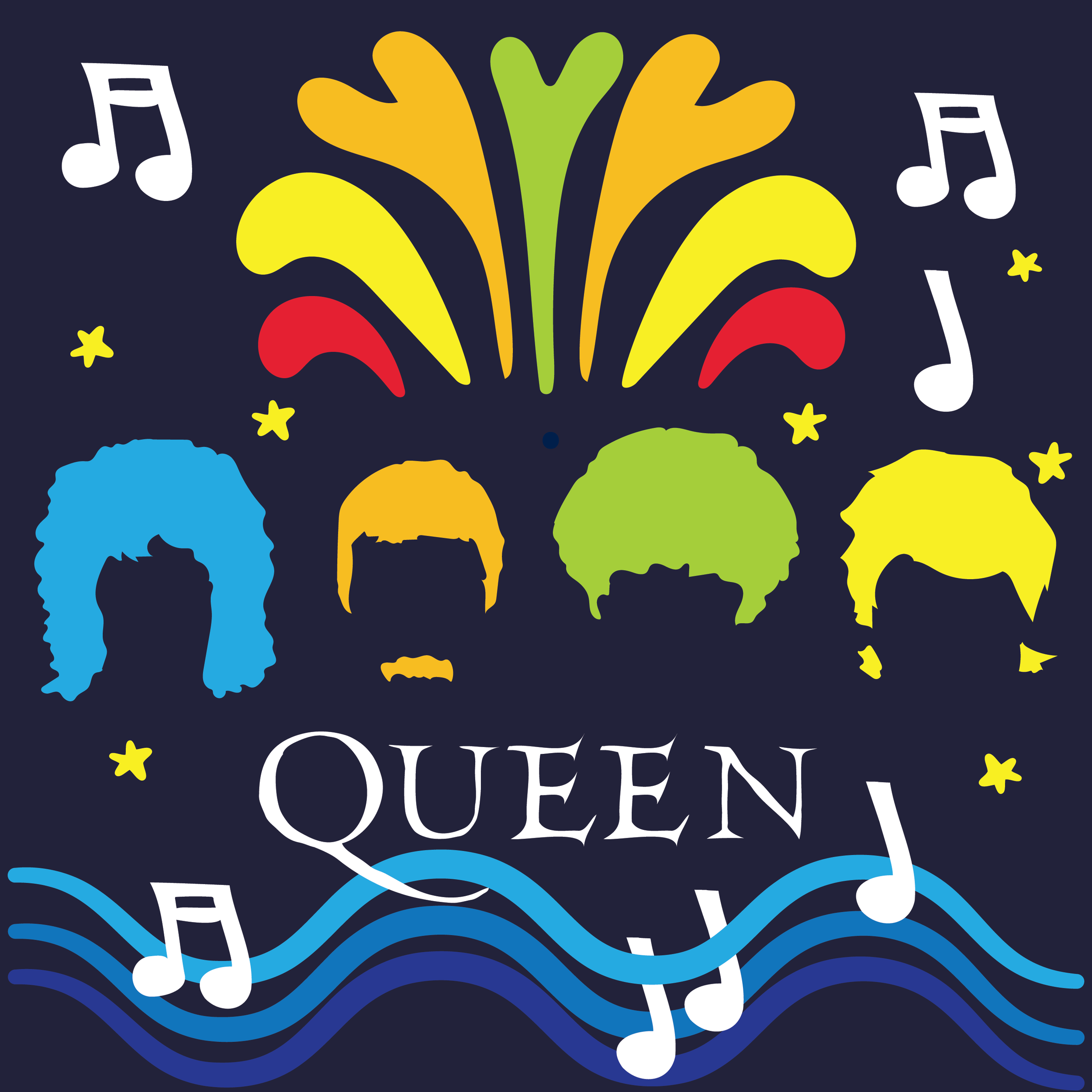 A dark blue image with fountain graphic that includes the text "Queen" and their icon hairlines.
