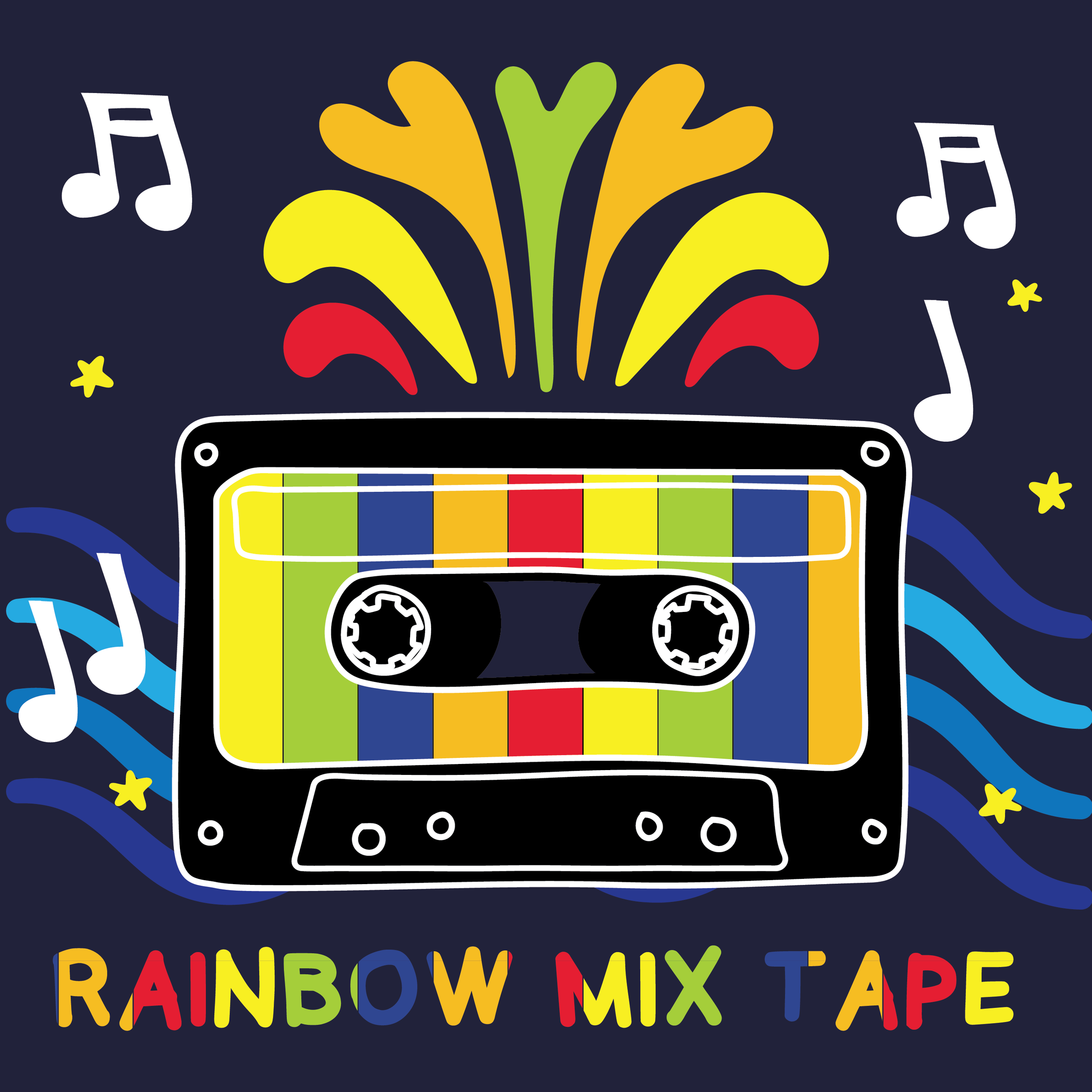 A colorful cassette tape with rainbow stripes, surrounded by music notes, stars, and rainbow bursts—an ode to the Grand Haven Musical Fountain. Text at the bottom reads RAINBOW MIX TAPE in multicolored letters.
