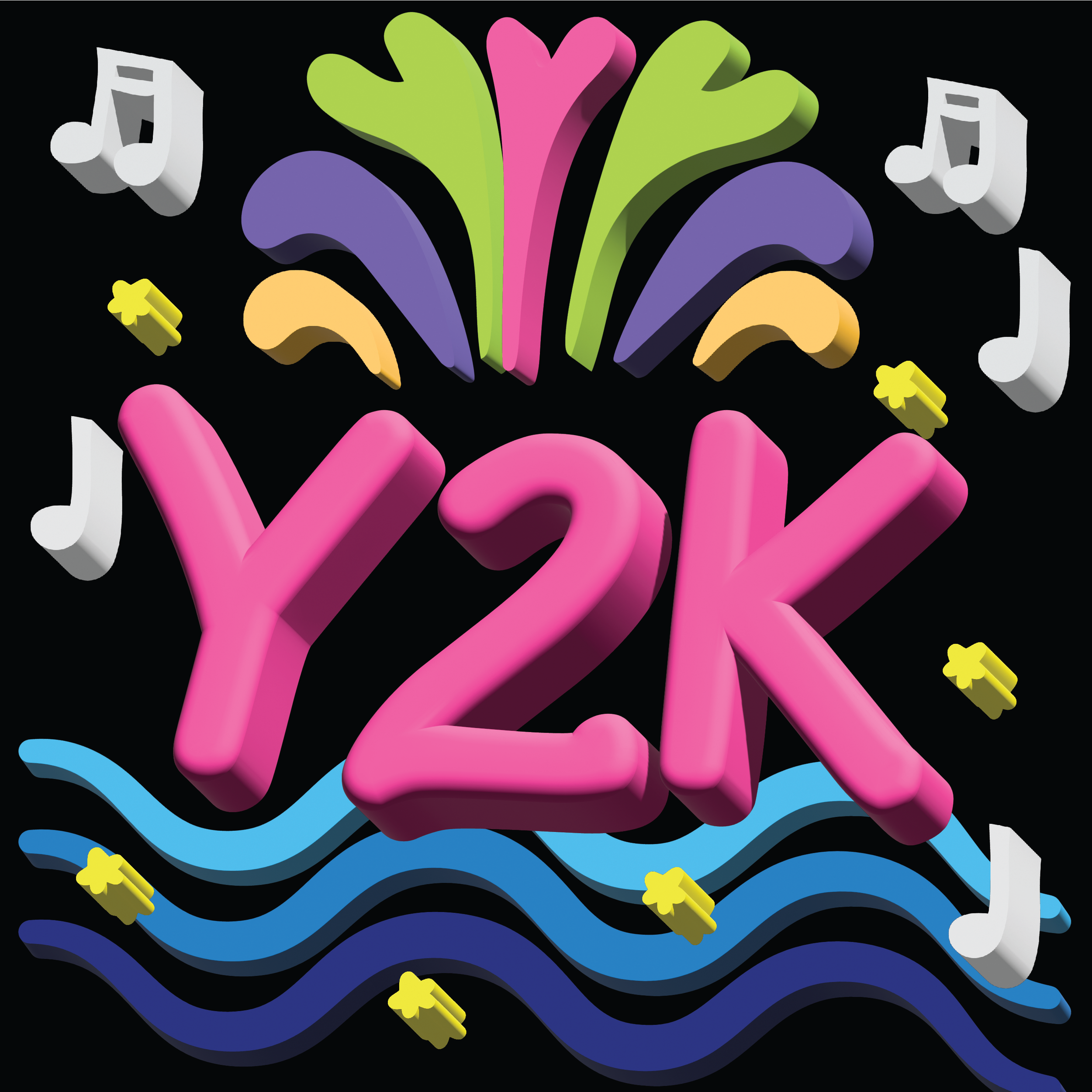 Bold pink Y2K text in the center, surrounded by colorful splash shapes, musical notes, yellow crosses, and wavy blue lines on a black background. The playful design echoes the vibrant spirit of the Grand Haven Musical Fountain.