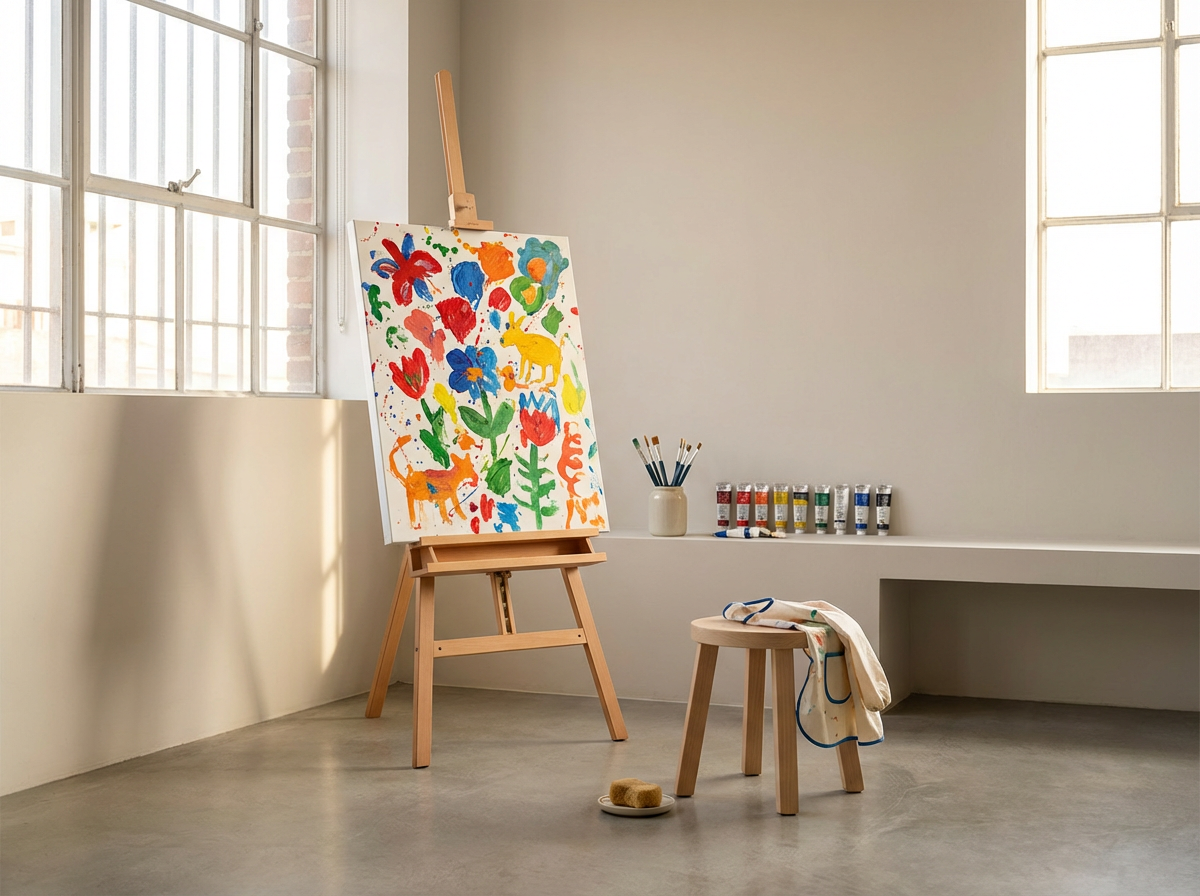 A bright, airy art studio with large windows, an easel with a colorful abstract painting of flowers, and painting supplies including paint bottles and brushes, with a small stool and a cloth draped over it.