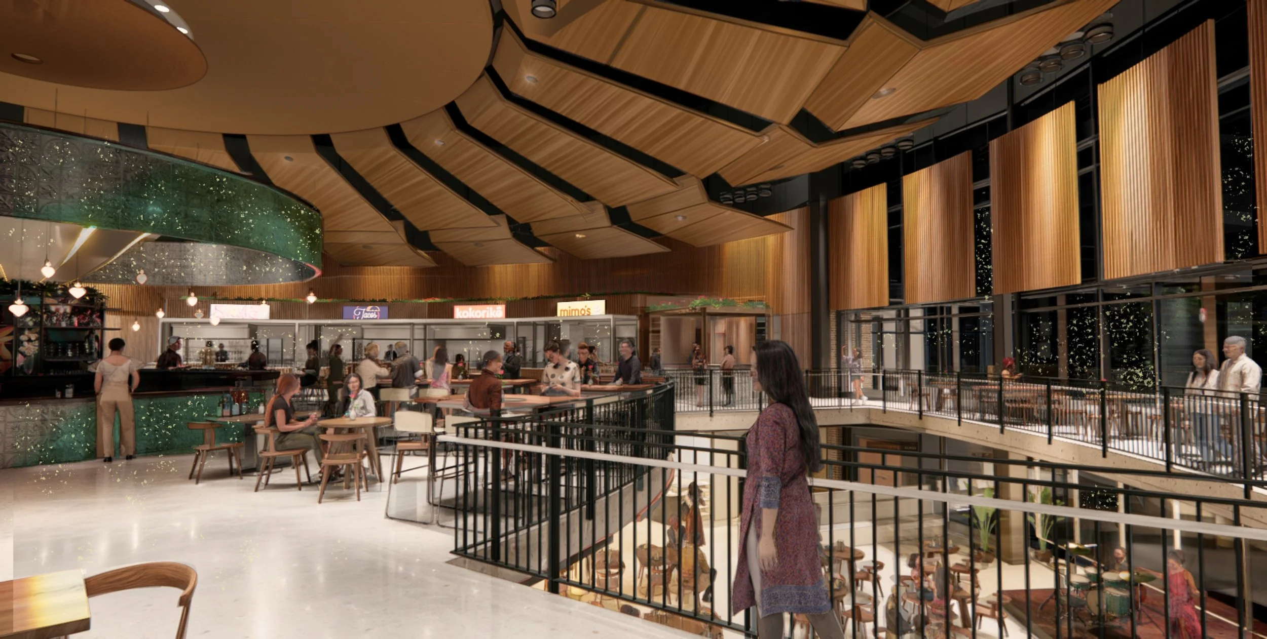 La Villita Food Hall with people in the Evening