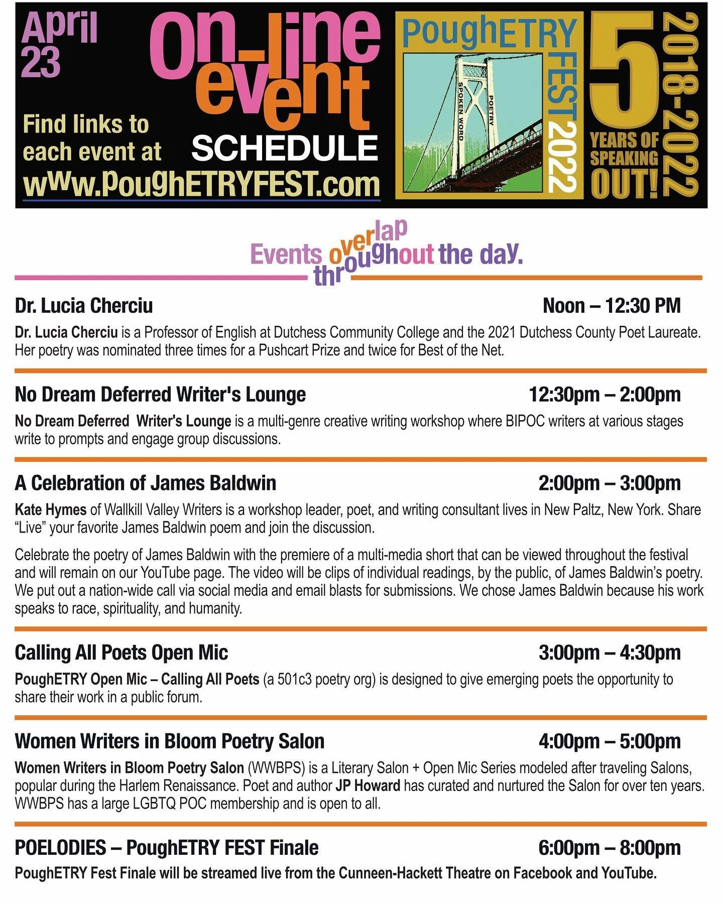 Online programming available for everyone

#poetsofinstagram #poughetryfest #poughetryfest2022 #poetgoldbgw #poetgold #literaryarts #artsmidhudson #cunneenhackettartscenter #poetry #spokenword  #dutchesscounty #festival #openmics  #hybrid #FIVEYEARS 