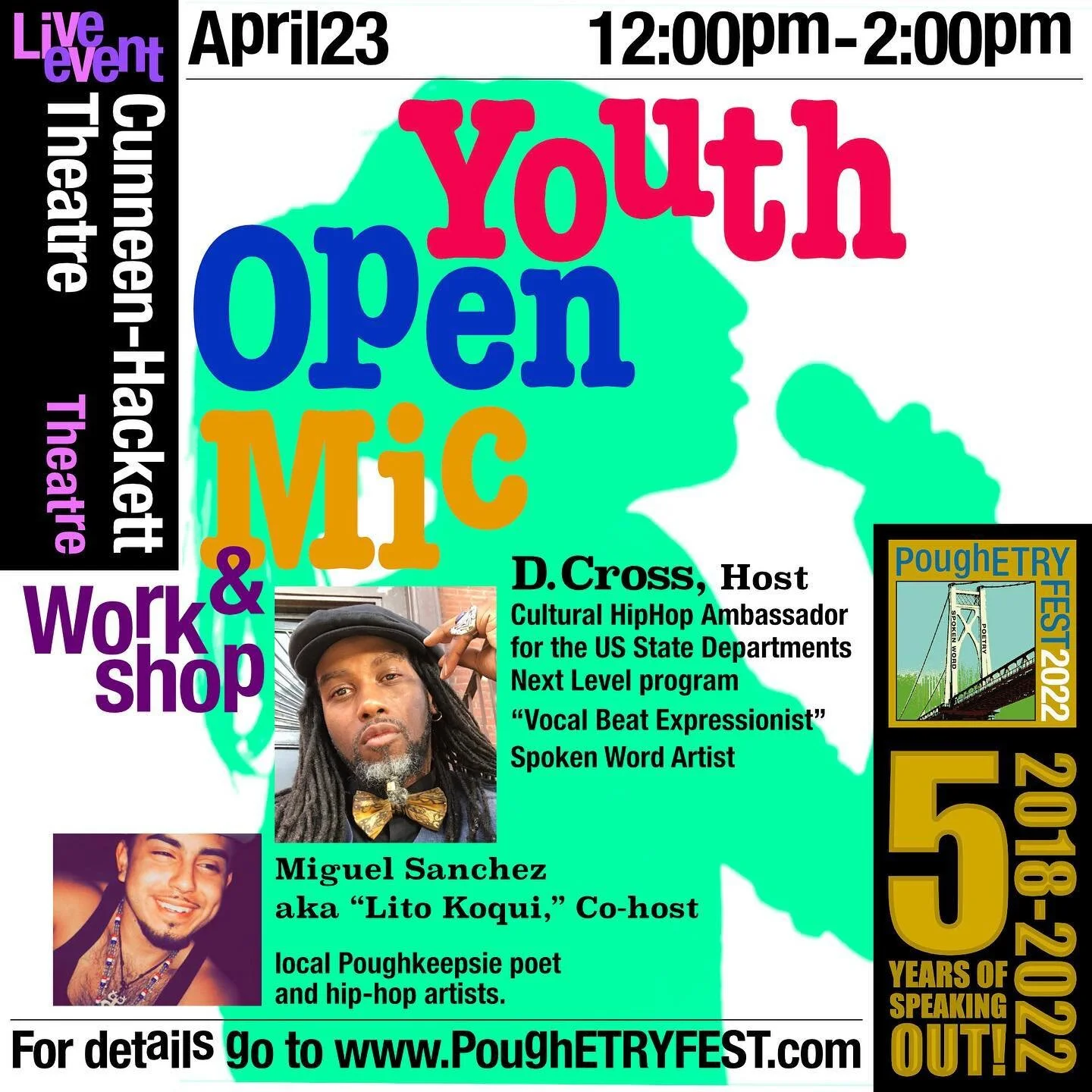 We are excited to be back in the building for the Youth Open Mic. 

Date: Saturday, April 23rd
Time: Noon to 2 pm
Location: 12 Vassar Street, Poughkeepsie NY

info #poughkeepsie #poughetryfest #poughetryfest2022 #poetgoldbgw #poetgold #literaryarts #