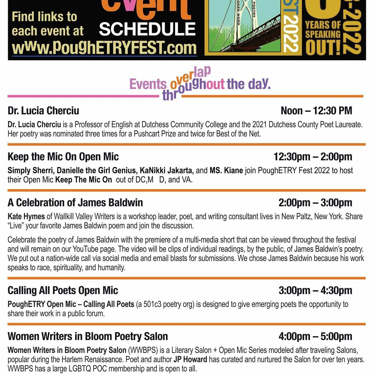 ****REGISTER TODAY FOR THE ONLINE OPEN MIC OF YOUR CHOICE OR VISIT THEM ALL. HAVE A GREAT TIME AT PoughETRY Fest 2022*****
ONLINE ZOOM LINKS

Dr. Lucia Cherciu, 2021 Dutchess County Poet Laureate
12 Pm to 12:30 Pm
Live Stream on PoughETRY Fest Facebo