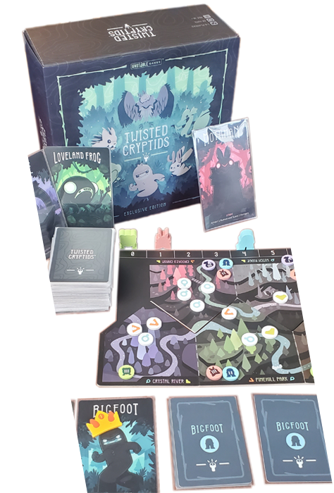 An image of the components of Twisted Cryptids by Unstable Games.