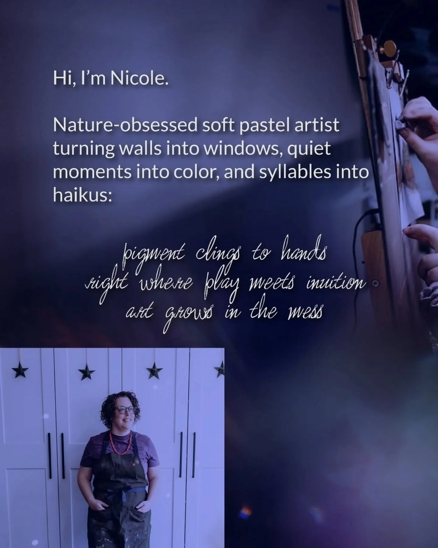 Happy New Year! I figured I'd start the year with a new introduction!!

My paintings begin where the noise eases.
.
This isn&rsquo;t just art.
It&rsquo;s soft pastel landscapes shaped by attention, nature as a nervous system reset, and a life built w