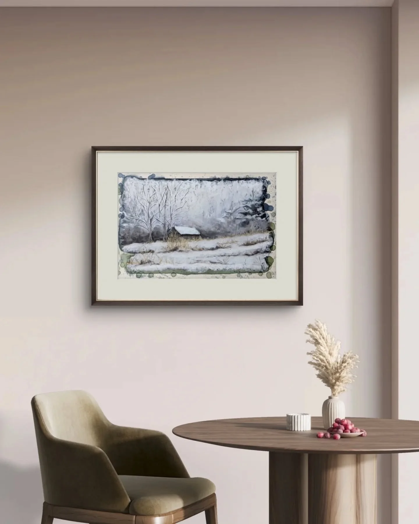 This one refuses to be overly polished, and I love it for that!
.
I let the underpainting show around the edges, like the landscape saying, &ldquo;I don&rsquo;t need to be perfect to be enough.&rdquo;
.
Snow. A tucked-away barn. Wintered foliage rest