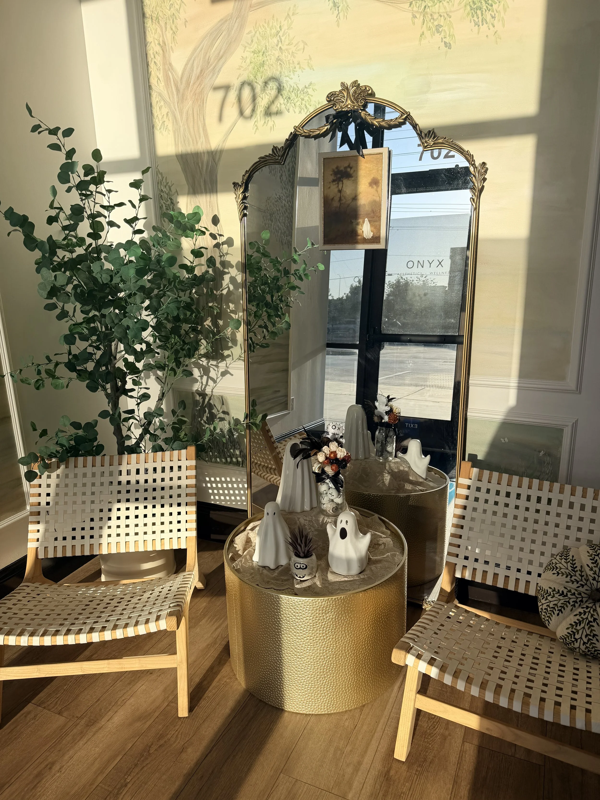 ONYX waiting area at Suite 702 with woven chairs and a gold-framed mirror