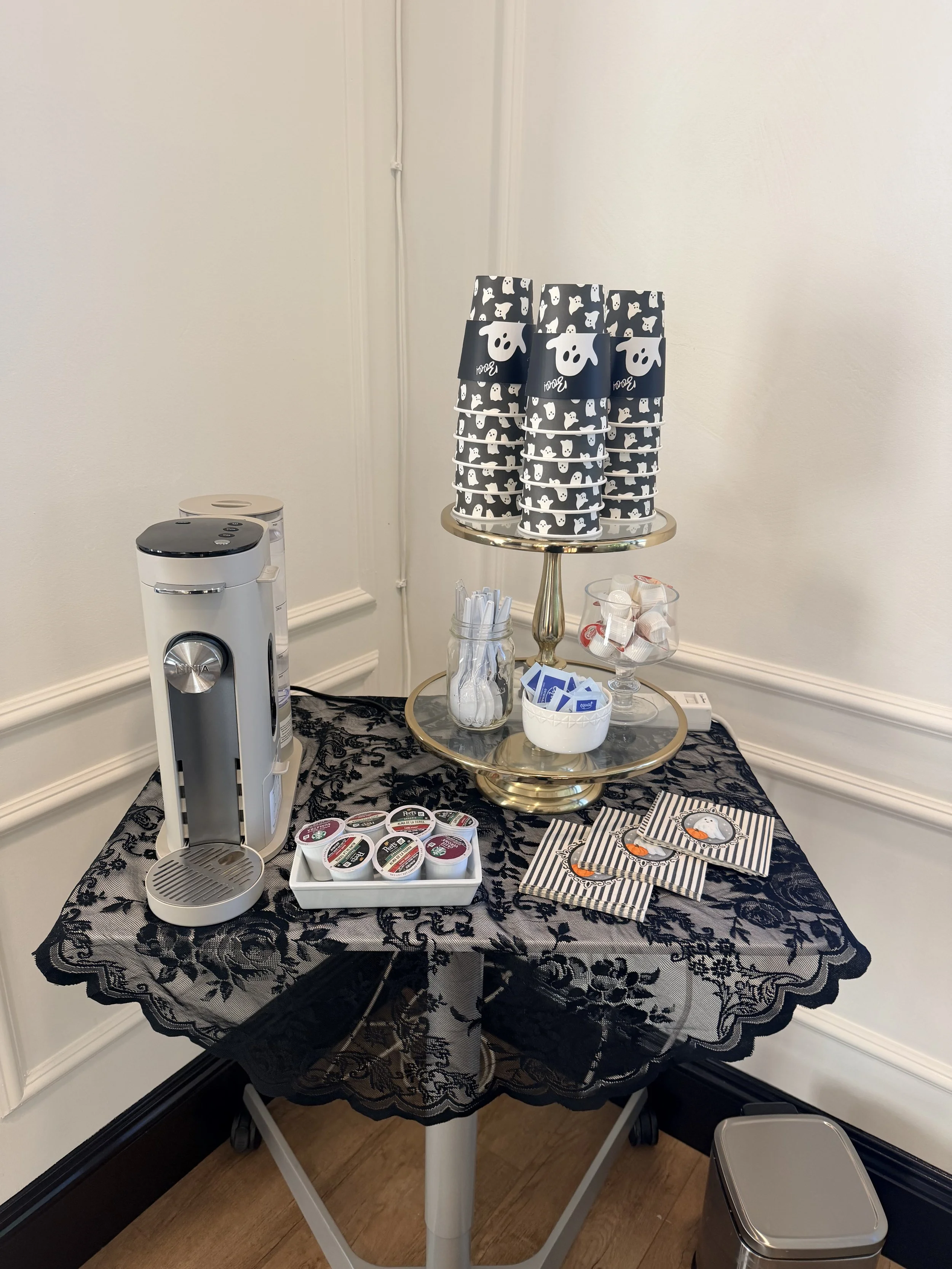 Coffee station in the ONYX clinic lobby