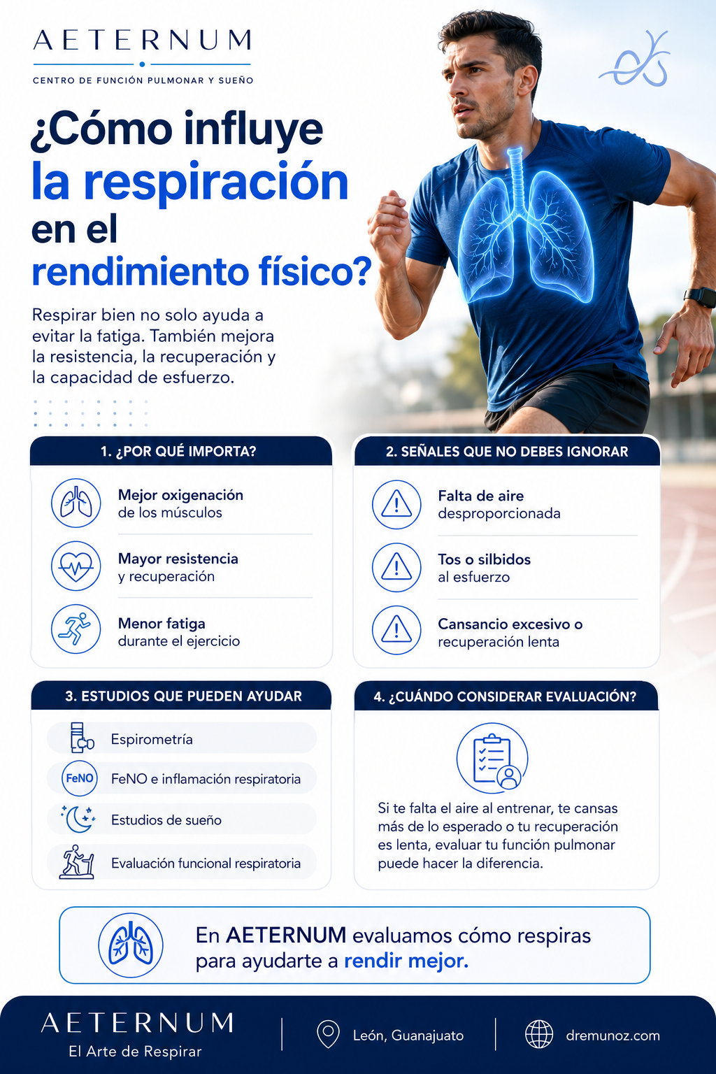 Cartel informativo de AETERNUM sobre cómo la respiración influye en el rendimiento físico, con un hombre corriendo y un gráfico de pulmones en iluminación azul.